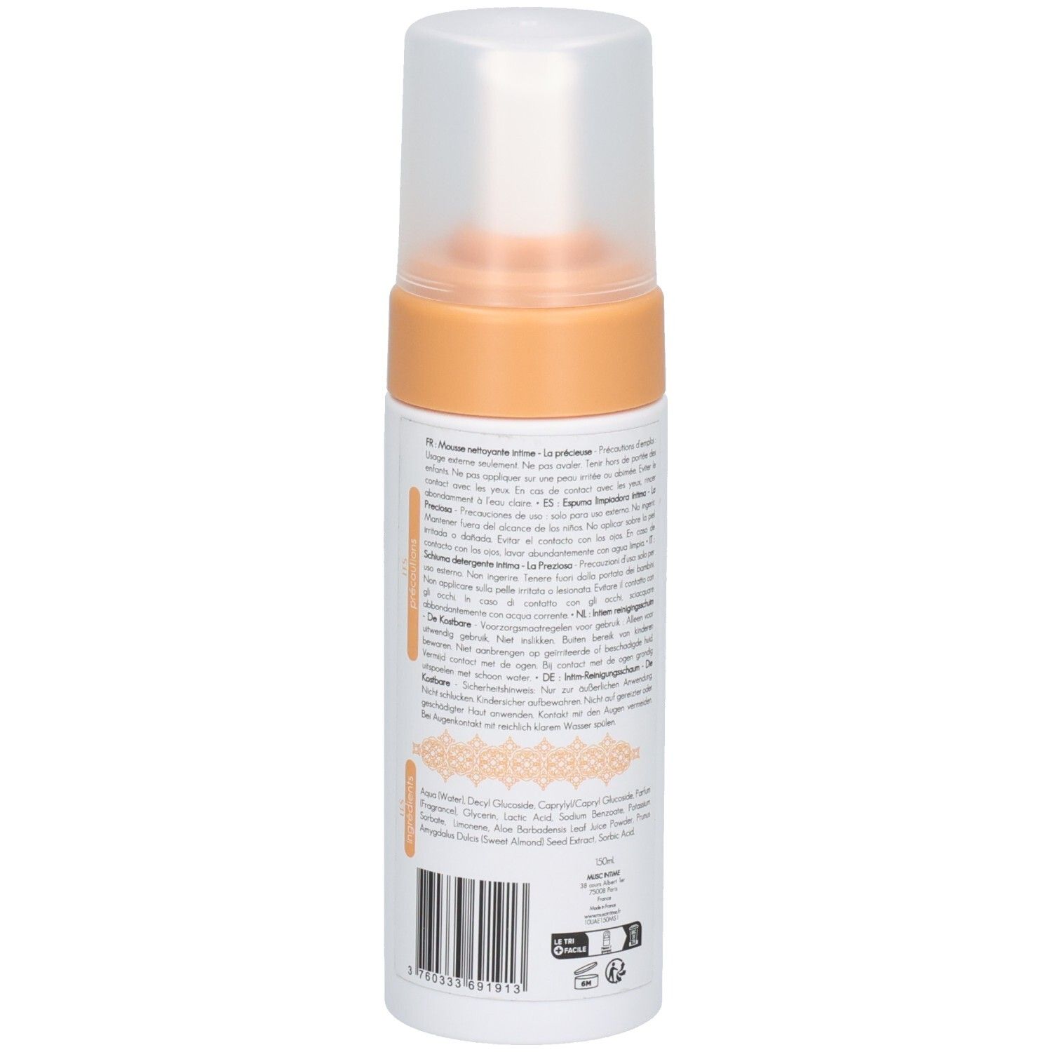 Weiß-orange Flasche, Rückansicht. Text in mehreren Sprachen. Transparenter Sprühkopf. Produktname und Logo nicht sichtbar.