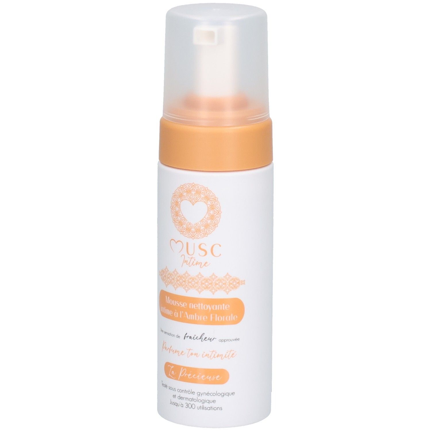 Weiß-orange Flasche mit Sprühkopf. Aufschrift: Musc Intime, Mousse nettoyante intime à l'Ambre Florale. Produktname und Logo.