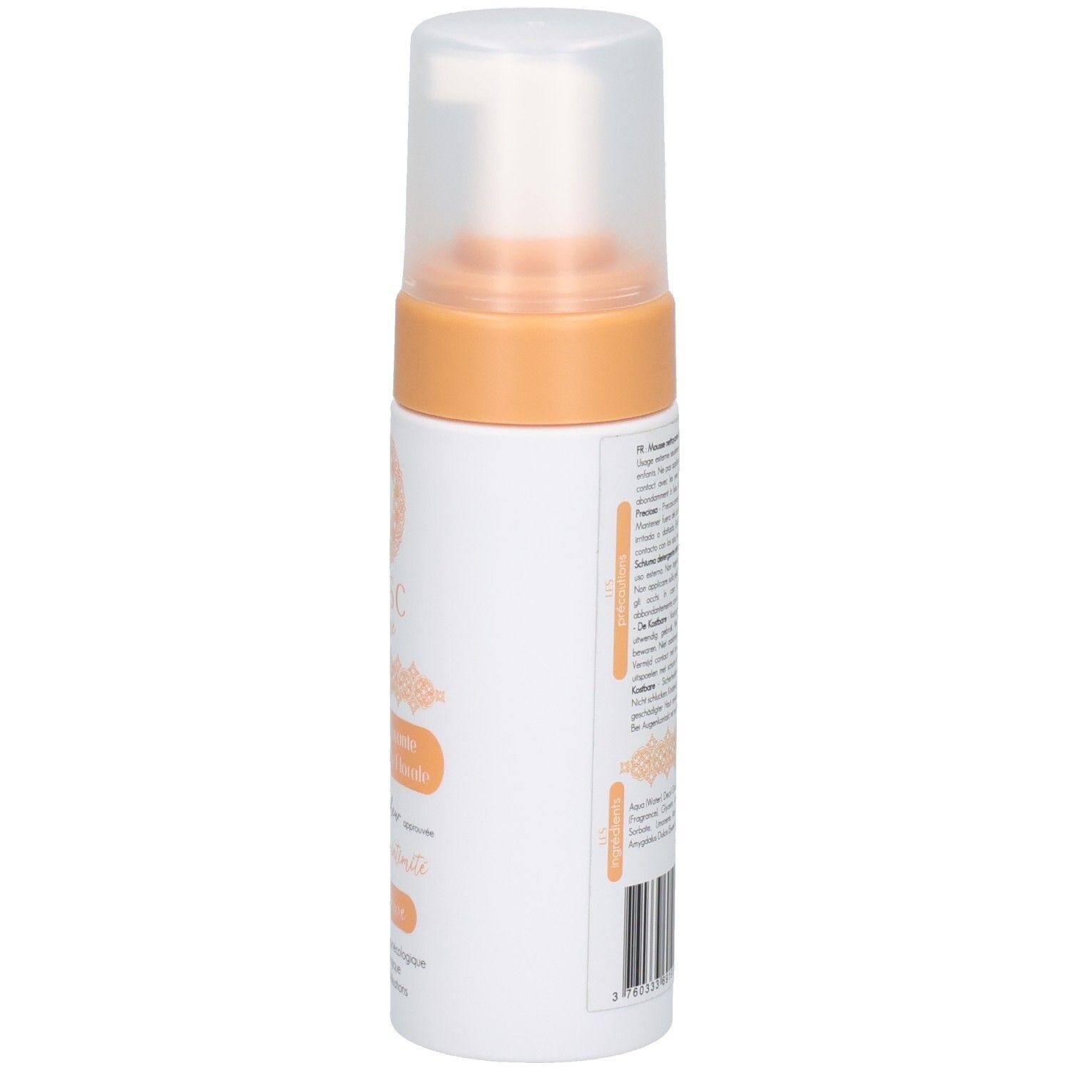 Weiß-orange Flasche, Seitenansicht. Text auf der Rückseite. Transparenter Sprühkopf. Produktname und Logo nicht sichtbar.