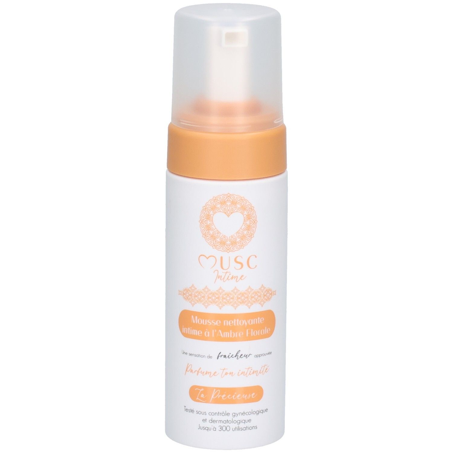 Weiß-orange Flasche mit Sprühkopf. Aufschrift: Musc Intime, Mousse nettoyante intime à l'Ambre Florale. Produktname und Logo.