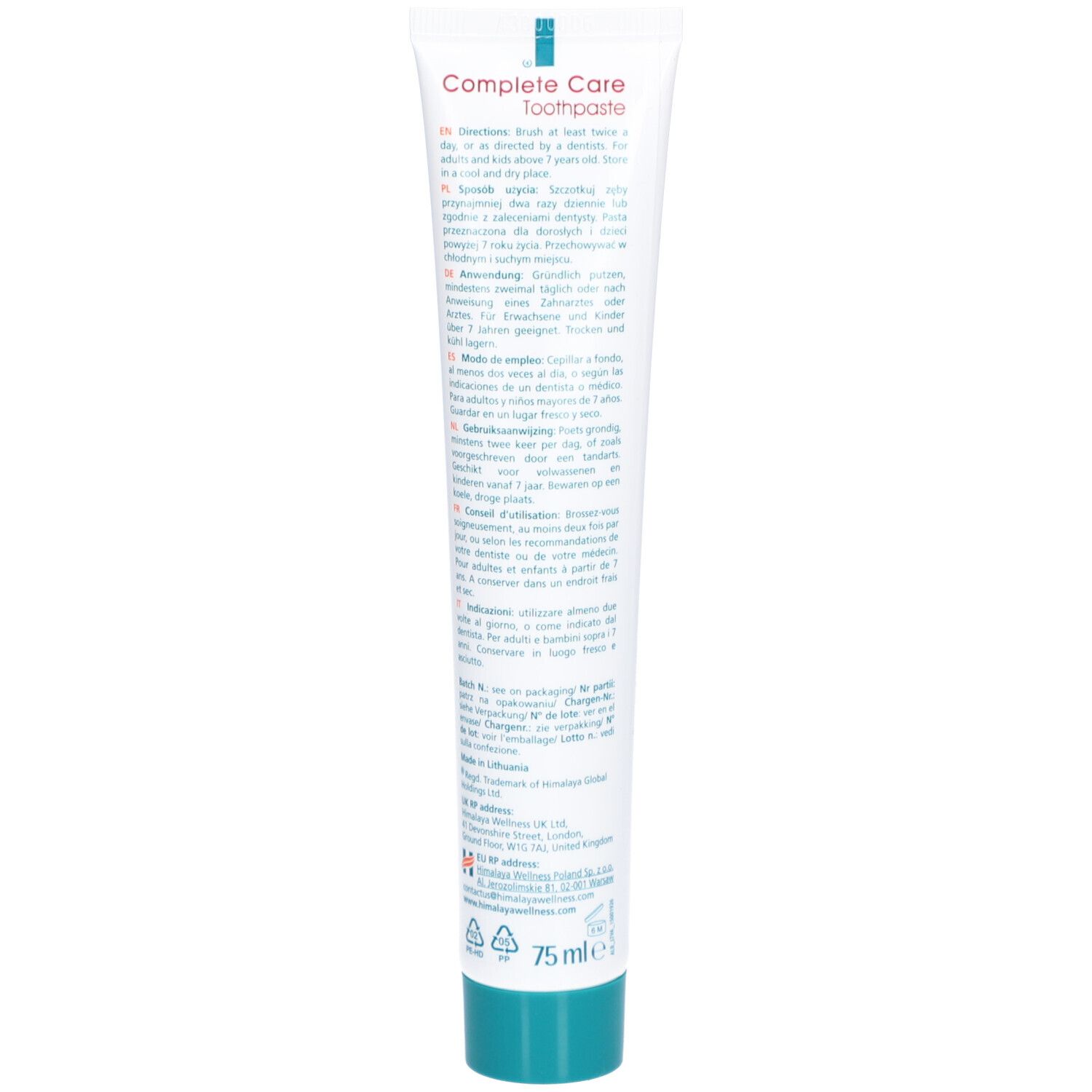 Rückseite der Zahnpasta-Tube Himalaya Botanique Complete Care. Text in mehreren Sprachen, 75ml.
