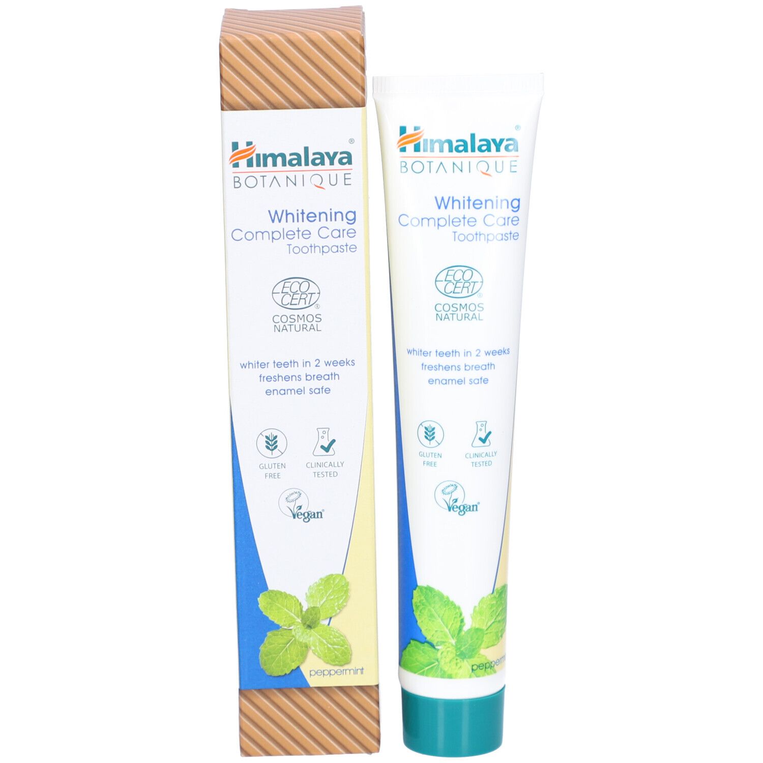 Zahnpasta-Tube und Verpackung nebeneinander. Verpackung mit Produktnamen, Logo und Minzabbildung. Tube mit blauem und grünem Akzent.