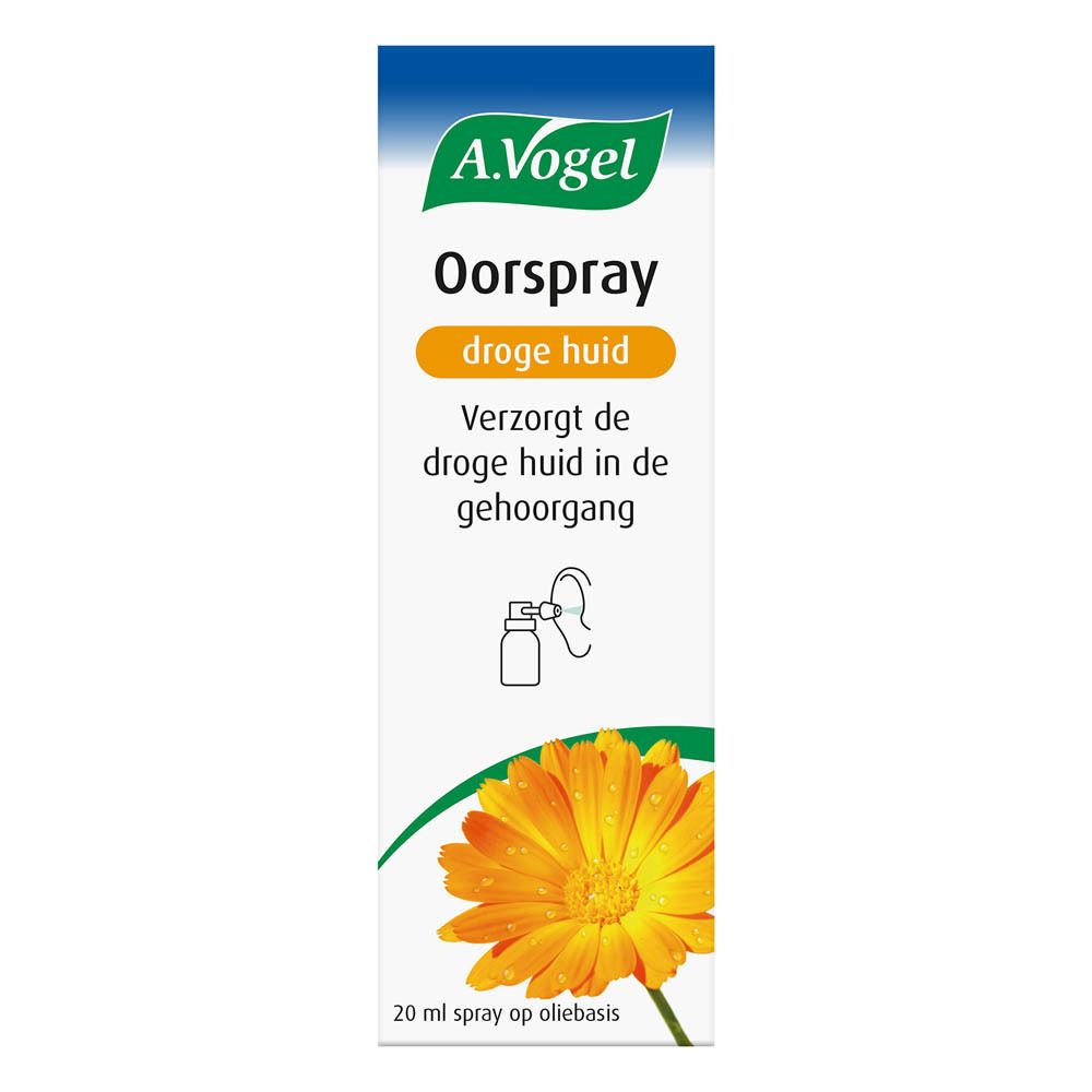 A.Vogel Oorspray droge huid. Witte doos met productinfo en illustraties. Oranje bloem. Bevat 20 ml.