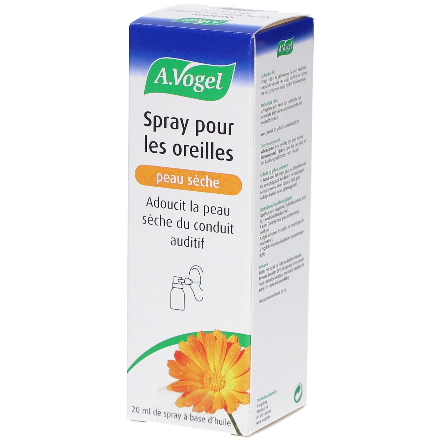 A.Vogel Oorspray droge huid. Witte doos met productinfo en illustraties. Oranje bloem. Bevat 20 ml.