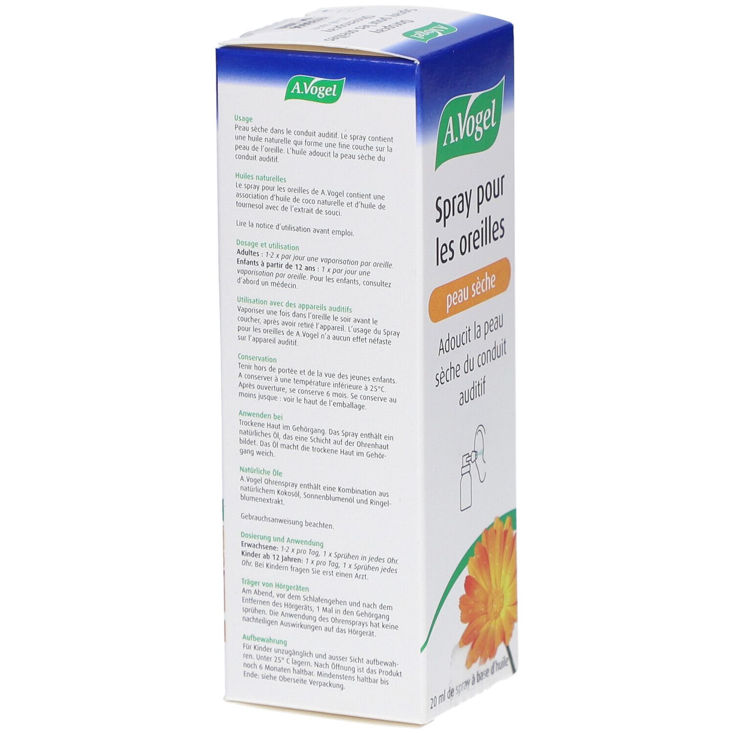 A.Vogel Oorspray droge huid. Witte doos met productinfo. Tekst in het Nederlands. Oranje bloem. 20 ml.
