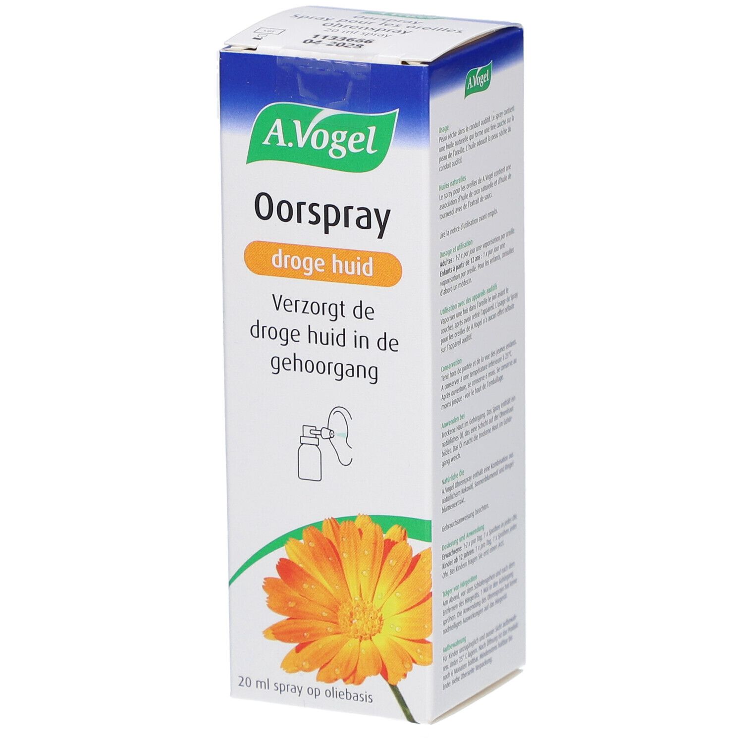 A.Vogel Oorspray droge huid. Witte doos met productinfo. Tekst in het Nederlands. Oranje bloem. 20 ml.