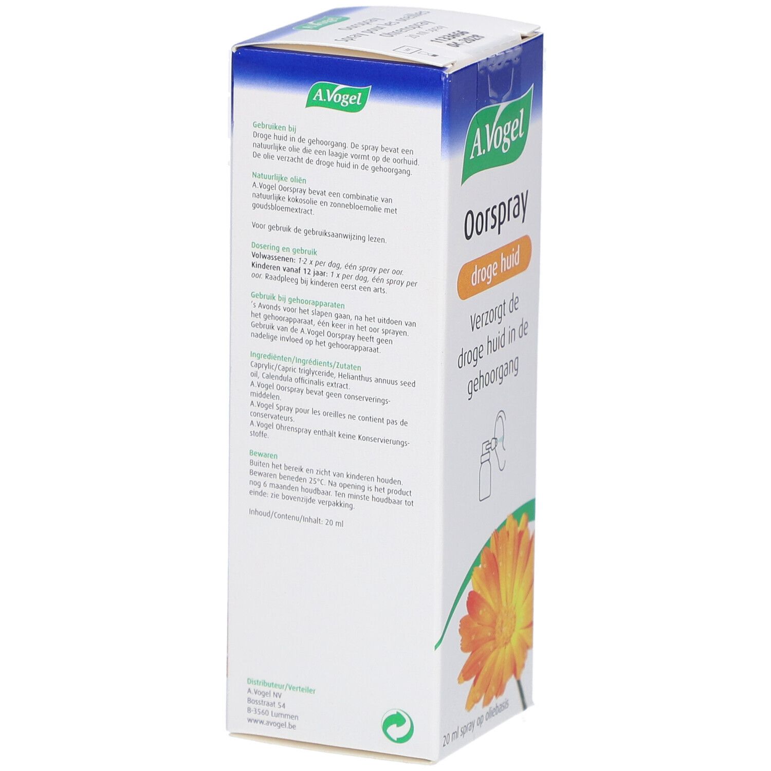 A.Vogel Oorspray droge huid. Witte doos met productinfo. Tekst in het Nederlands. Oranje bloem. 20 ml.