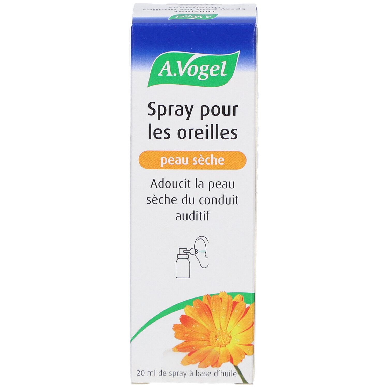 A.Vogel Oorspray droge huid. Witte doos met productinfo en illustraties. Oranje bloem. Bevat 20 ml.