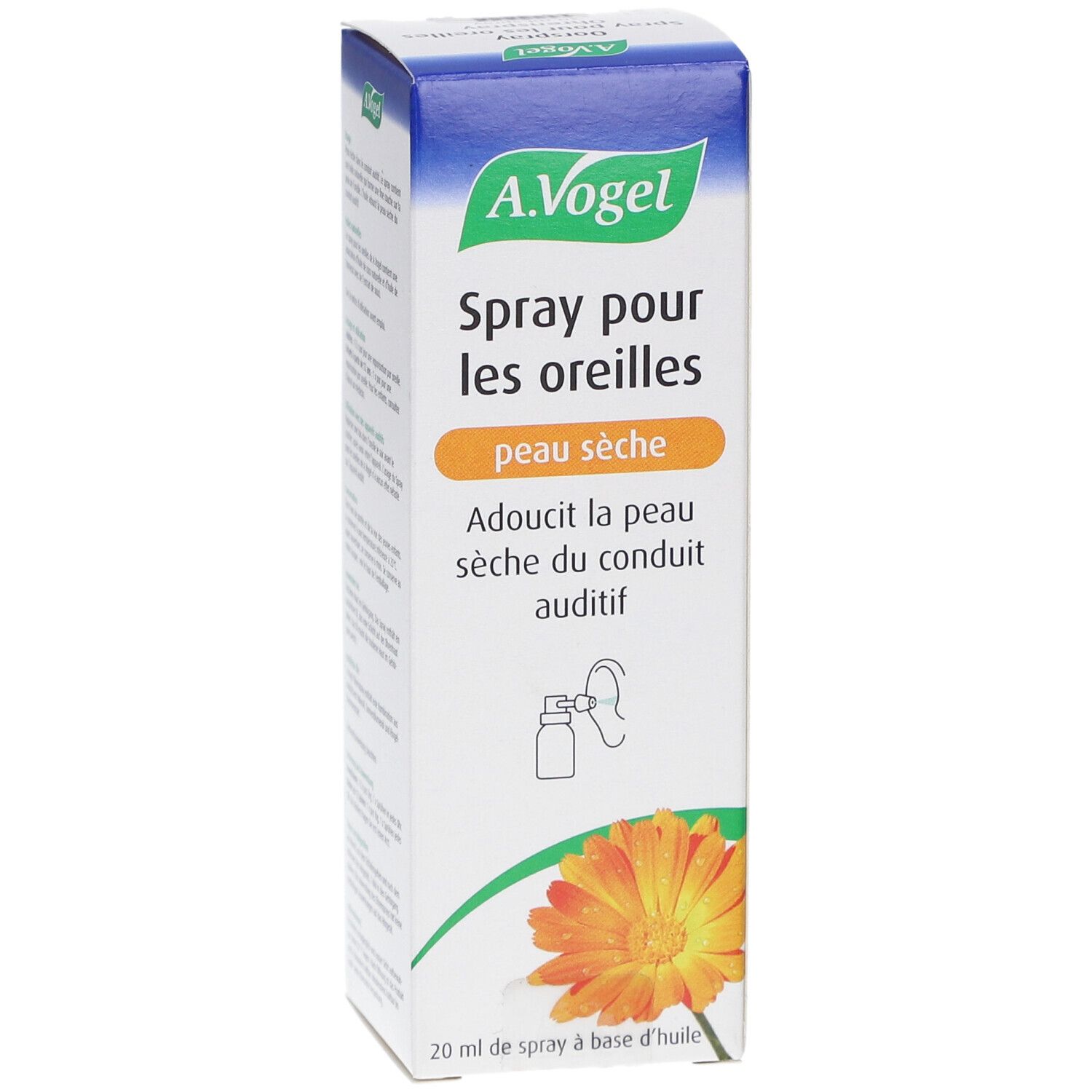 A.Vogel Oorspray droge huid. Witte doos met productinfo en illustraties. Oranje bloem. Bevat 20 ml.