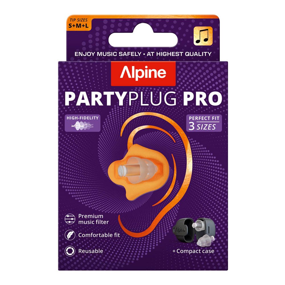 Boîte Alpine PartyPlug Pro. Bouchons S, M, L. Étui compact inclus. Filtre musical haute fidélité.