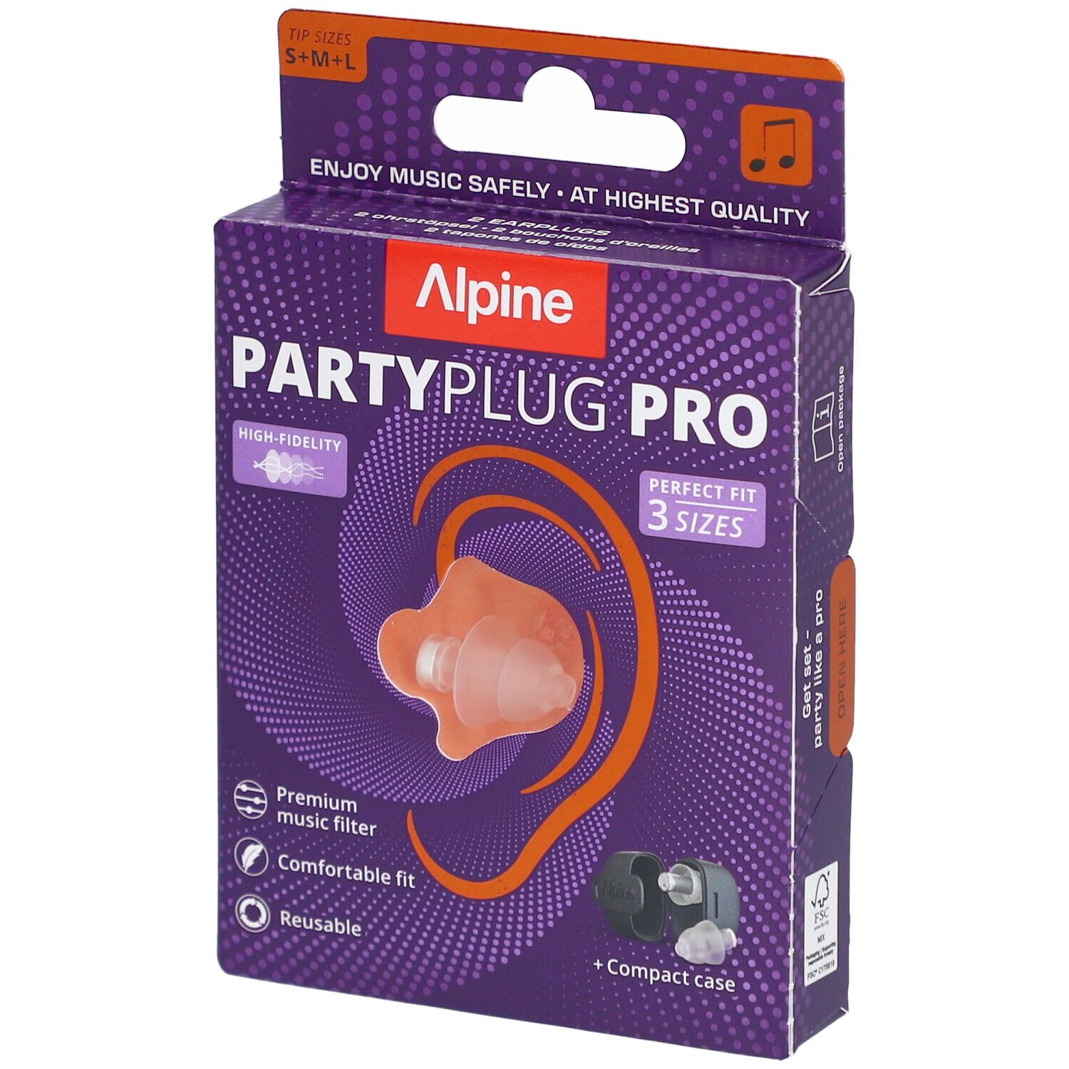 Verpackung mit Alpine PartyPlug Pro. Enthält Ohrstöpsel in S, M, L. Mit kompaktem Etui. Hochwertiger Musikfilter.