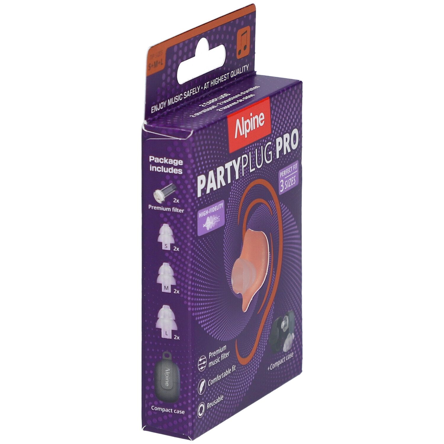 Verpackung Alpine PartyPlug Pro. Enthält Ohrstöpsel, Filter, Etui. 3 Größen. Hochwertiger Musikfilter.