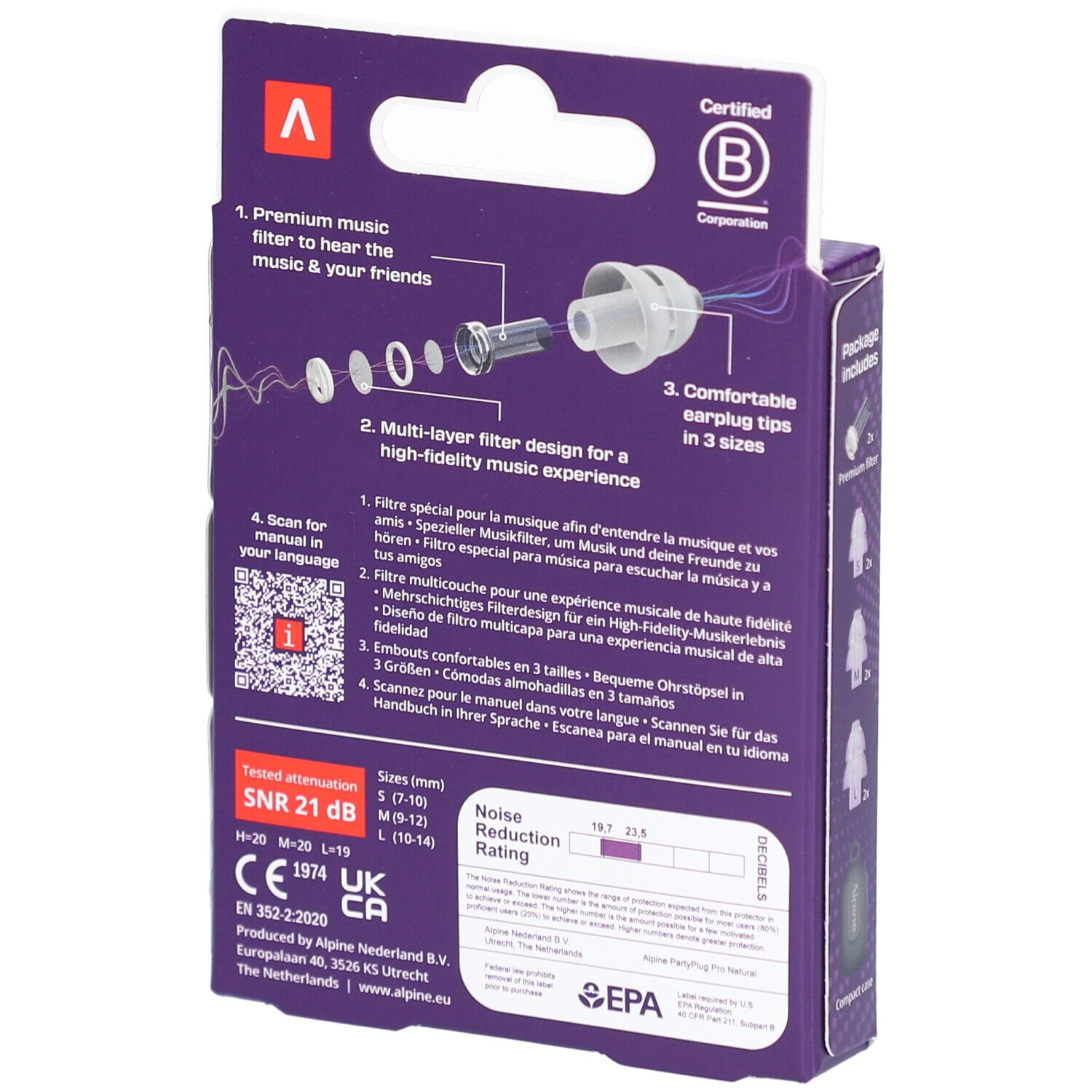 Rückseite der Verpackung Alpine PartyPlug Pro. Enthält Ohrstöpsel, Filter. 3 Größen. SNR 21 dB.
