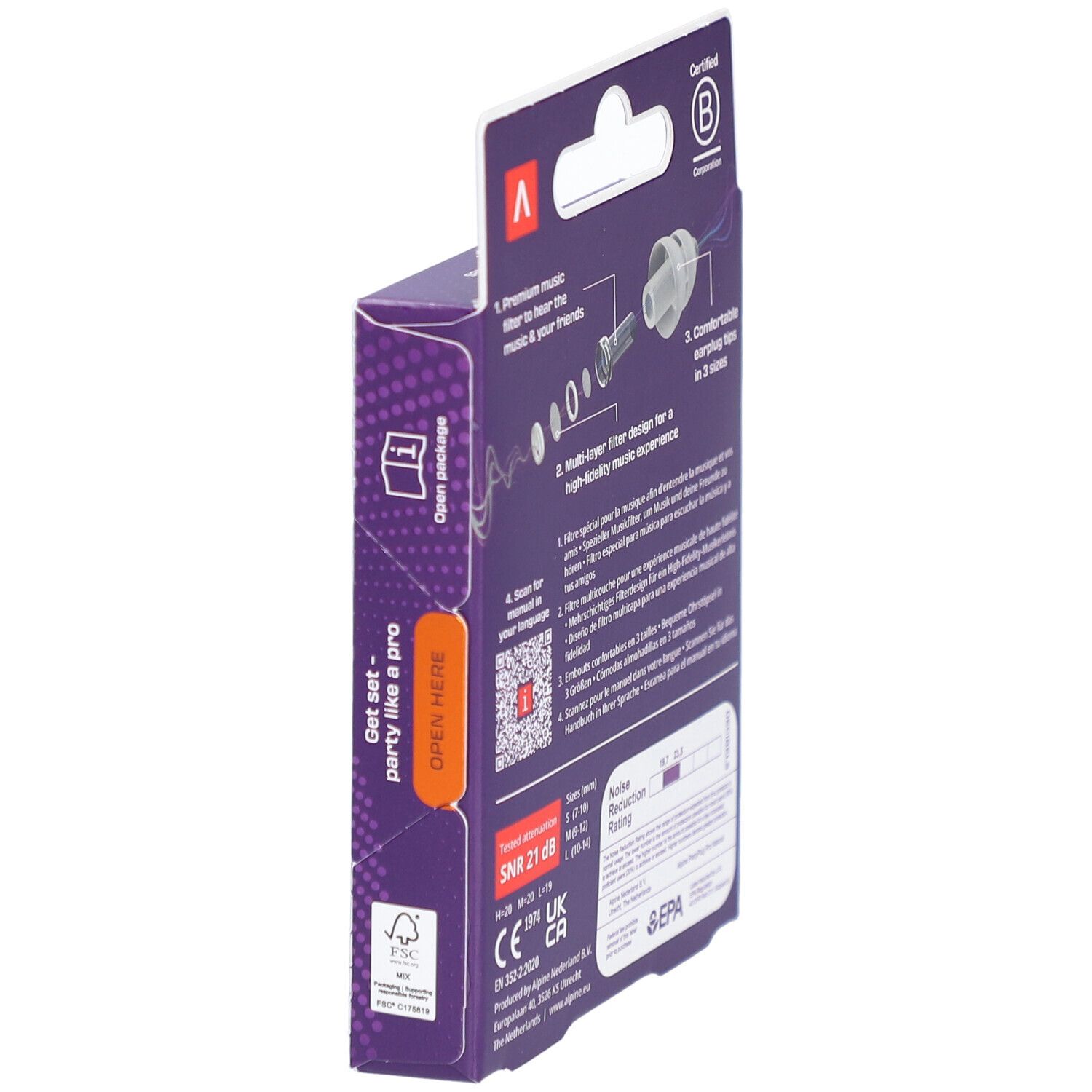 Verpackung Alpine PartyPlug Pro. Enthält Ohrstöpsel, Filter. 3 Größen. SNR 21 dB. FSC-zertifiziert.
