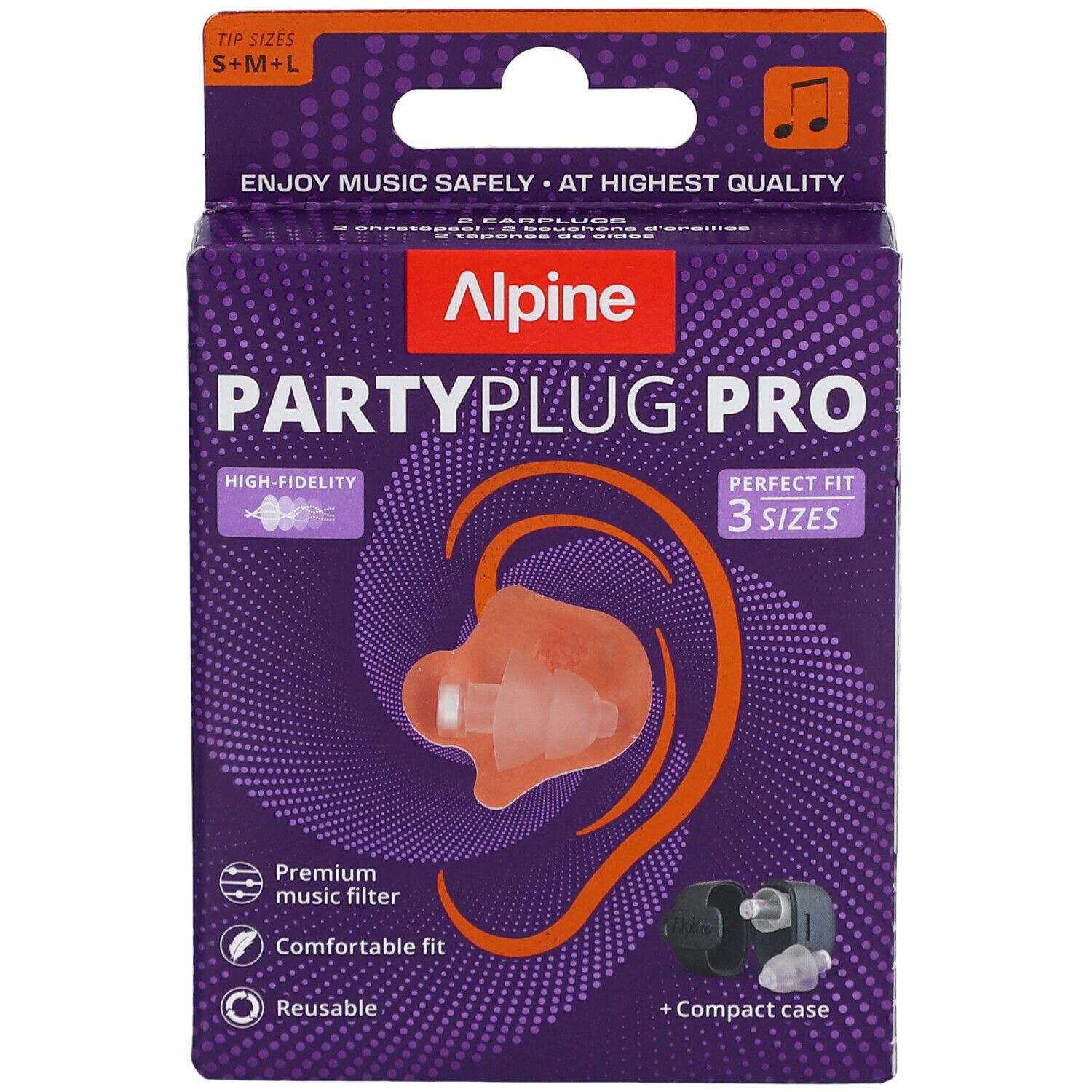 Verpackung Alpine PartyPlug Pro. Ohrstöpsel in S, M, L. Mit kompaktem Etui. Hochwertiger Musikfilter.