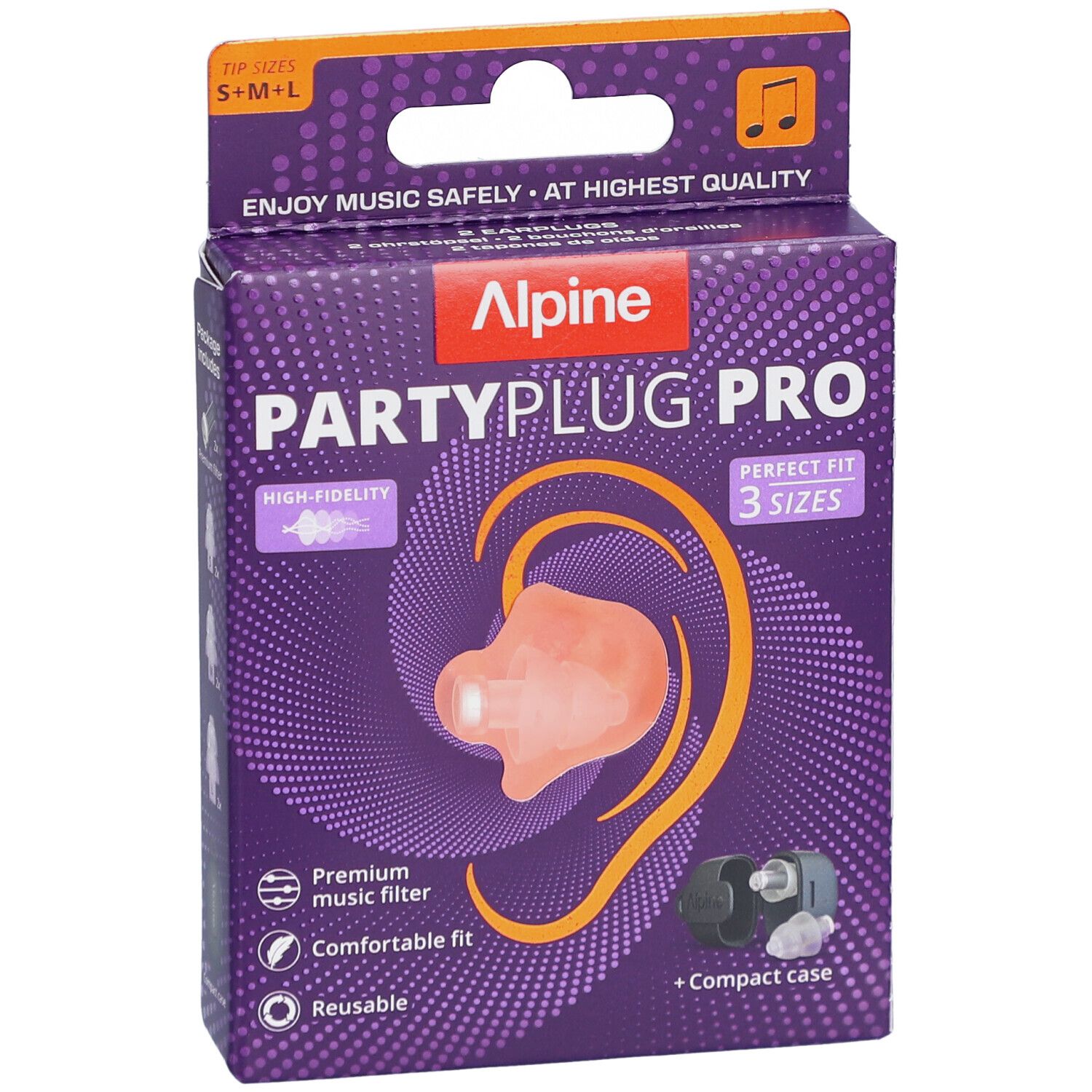 Verpackung Alpine PartyPlug Pro. Ohrstöpsel in S, M, L. Mit kompaktem Etui. Hochwertiger Musikfilter.