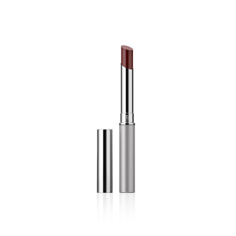 Lippenstift mit silberfarbener Hülse und geöffneter Kappe. Der Lippenstift ist rotbraun.