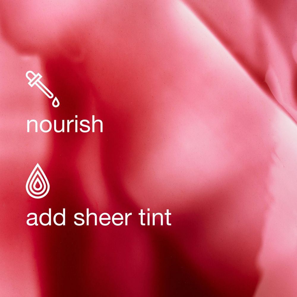 Grafik mit Symbolen. Text: „nourish“ und „add sheer tint“.