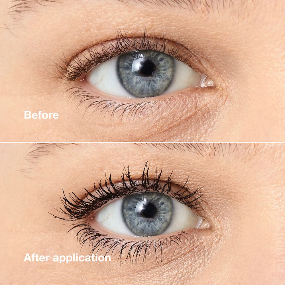 Auge vor und nach dem Auftragen von Mascara. Obere Reihe: Vorher. Untere Reihe: Nachher.