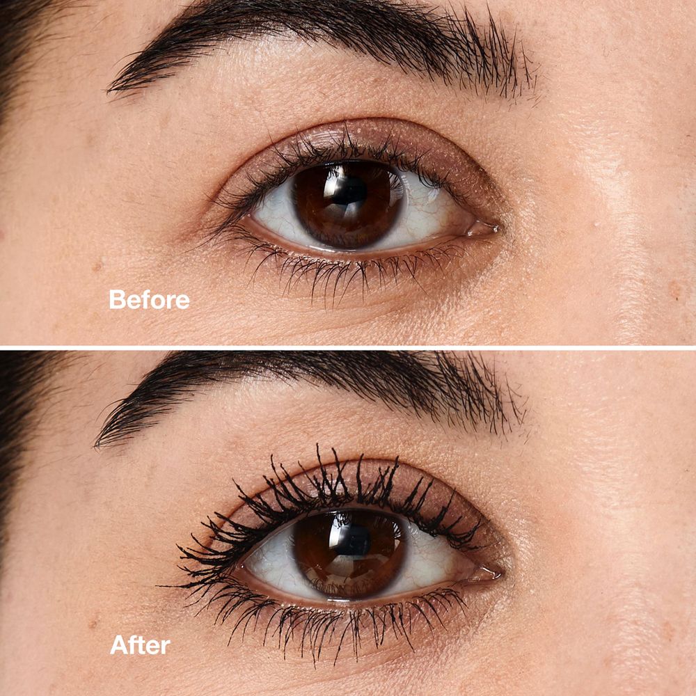 Auge vor und nach dem Auftragen von Mascara. Obere Reihe: Vorher. Untere Reihe: Nachher.