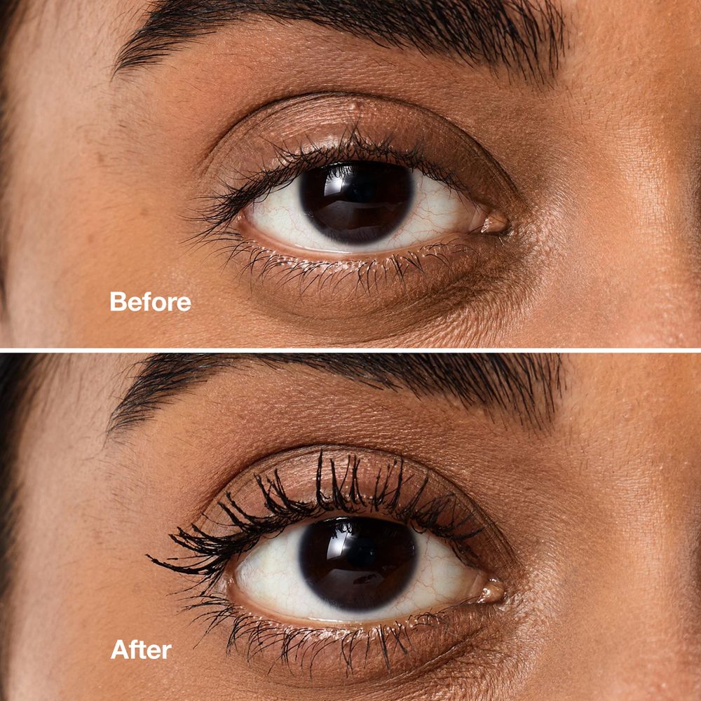 Auge vor und nach dem Auftragen von Mascara. Obere Reihe: Vorher. Untere Reihe: Nachher.