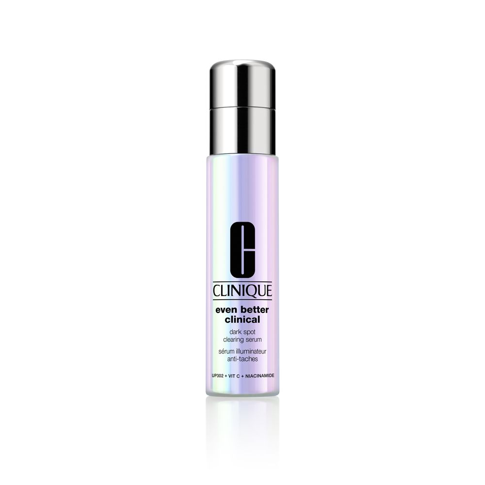 Clinique Even Better Clinical Serum. Flasche mit silbernem Deckel, schimmerndem Etikett. Logo und Produktbezeichnung sichtbar.