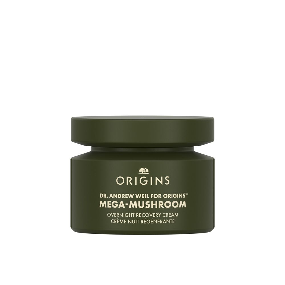 Grünes Glas mit Aufschrift Origins, Dr. Andrew Weil, Mega-Mushroom, Overnight Recovery Cream. Deckel.