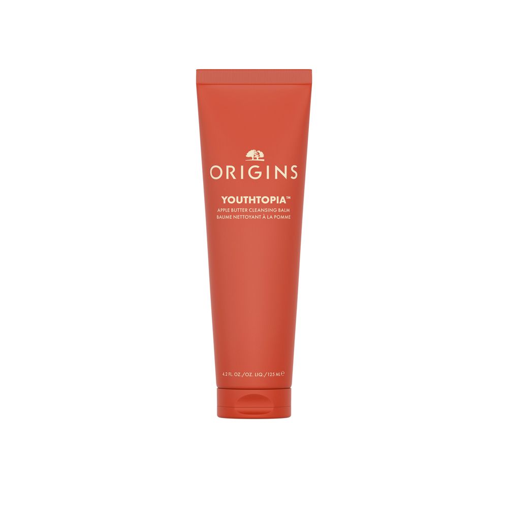 Rote Tube mit weißem Text: Origins Youthtopia Apple Butter Cleansing Balm. Logo oben.