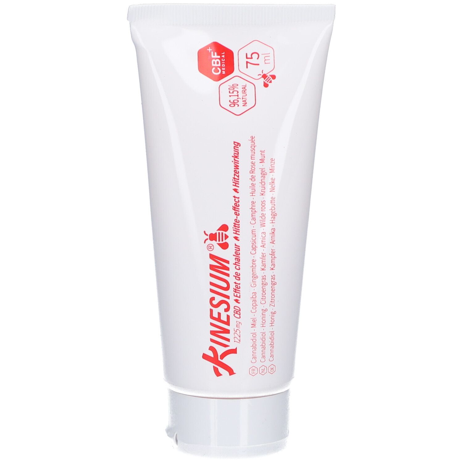 Tube blanche avec texte rouge. Kinesium, 1225mg CBD, 75 ml, CBF Medical. Effet chaleur.