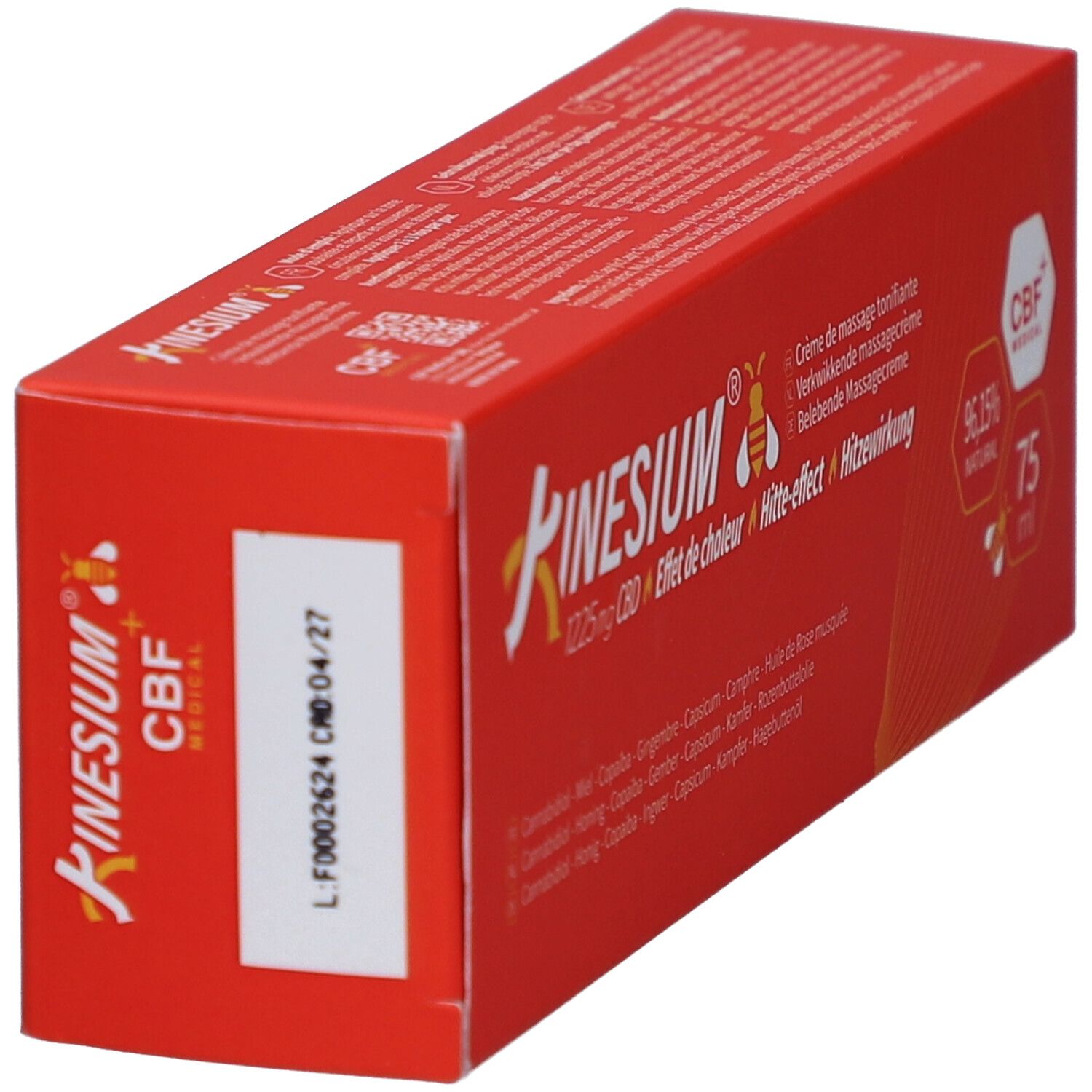 Boîte rouge. Kinesium, 1225mg CBD, CBF Medical. 75 ml. Inscription: Crème de massage tonifiante.