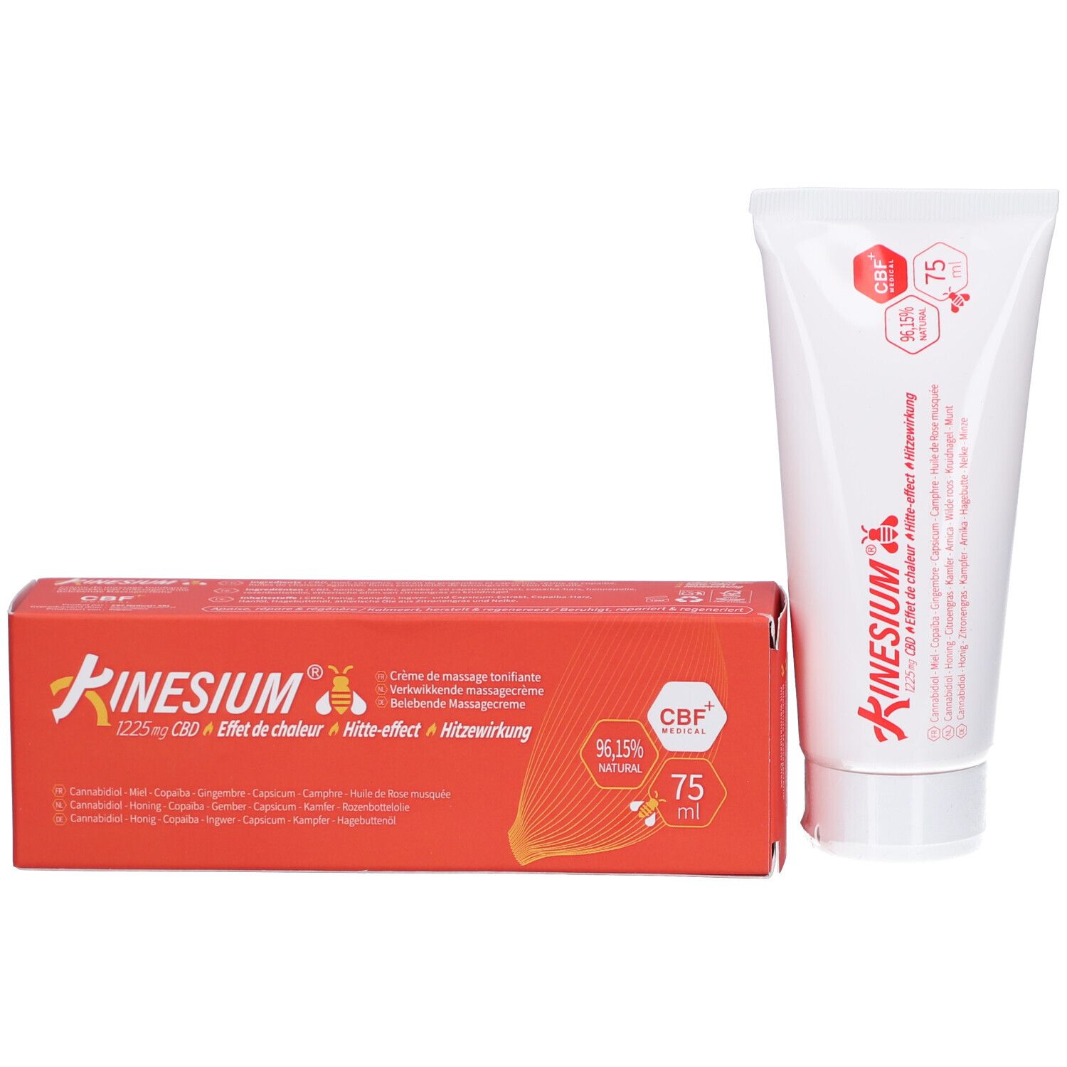 Tube et boîte Kinesium. 1225mg CBD, CBF Medical. 75 ml. Effet chaleur. Crème de massage tonifiante.