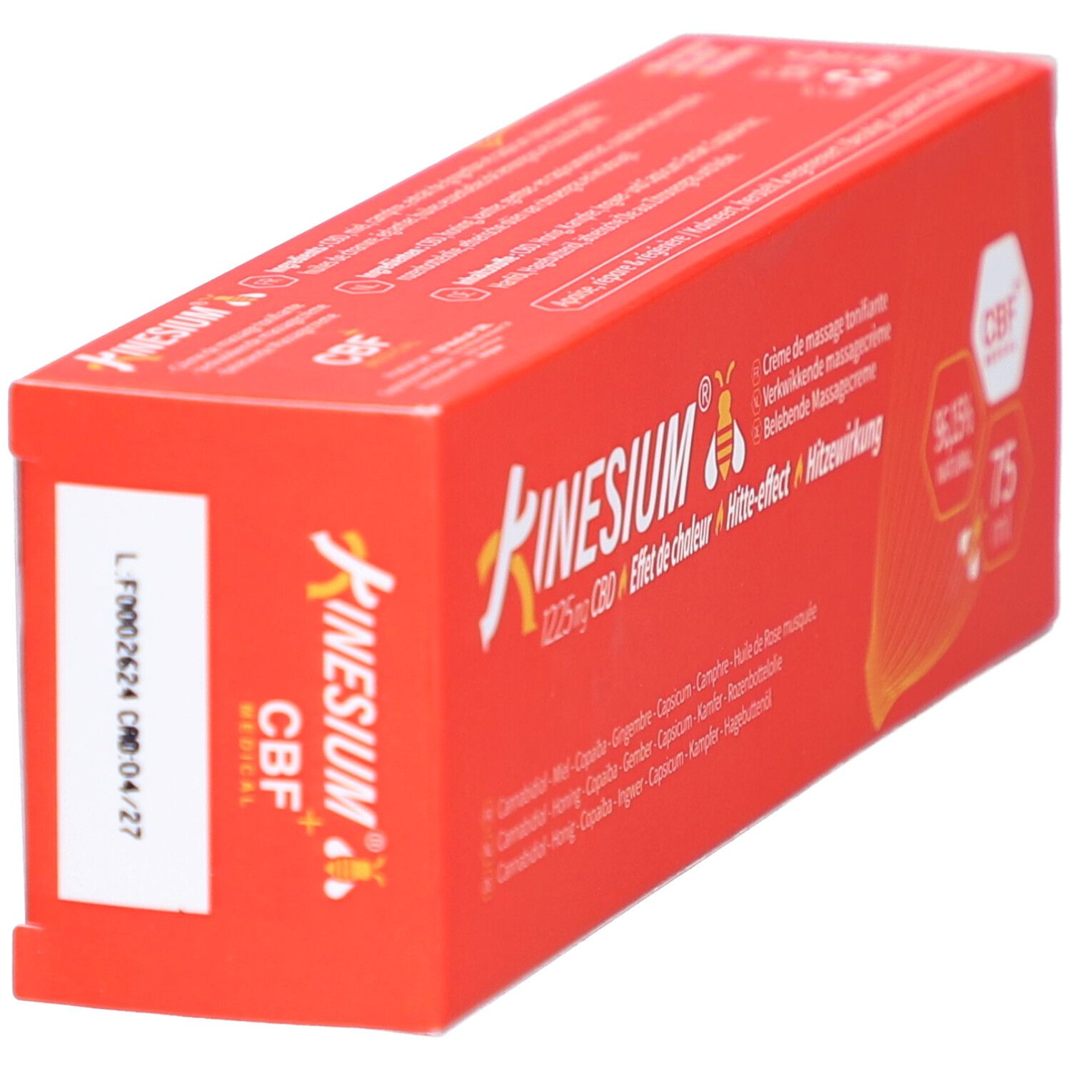 Boîte rouge. Kinesium, 1225mg CBD, CBF Medical. 75 ml. Crème de massage tonifiante.