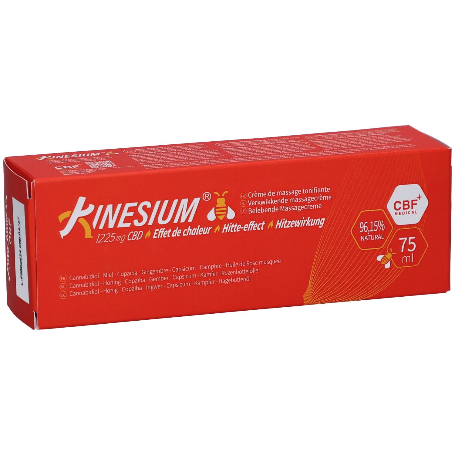 Boîte rouge. Kinesium, 1225mg CBD, CBF Medical. 75 ml. Crème de massage tonifiante.