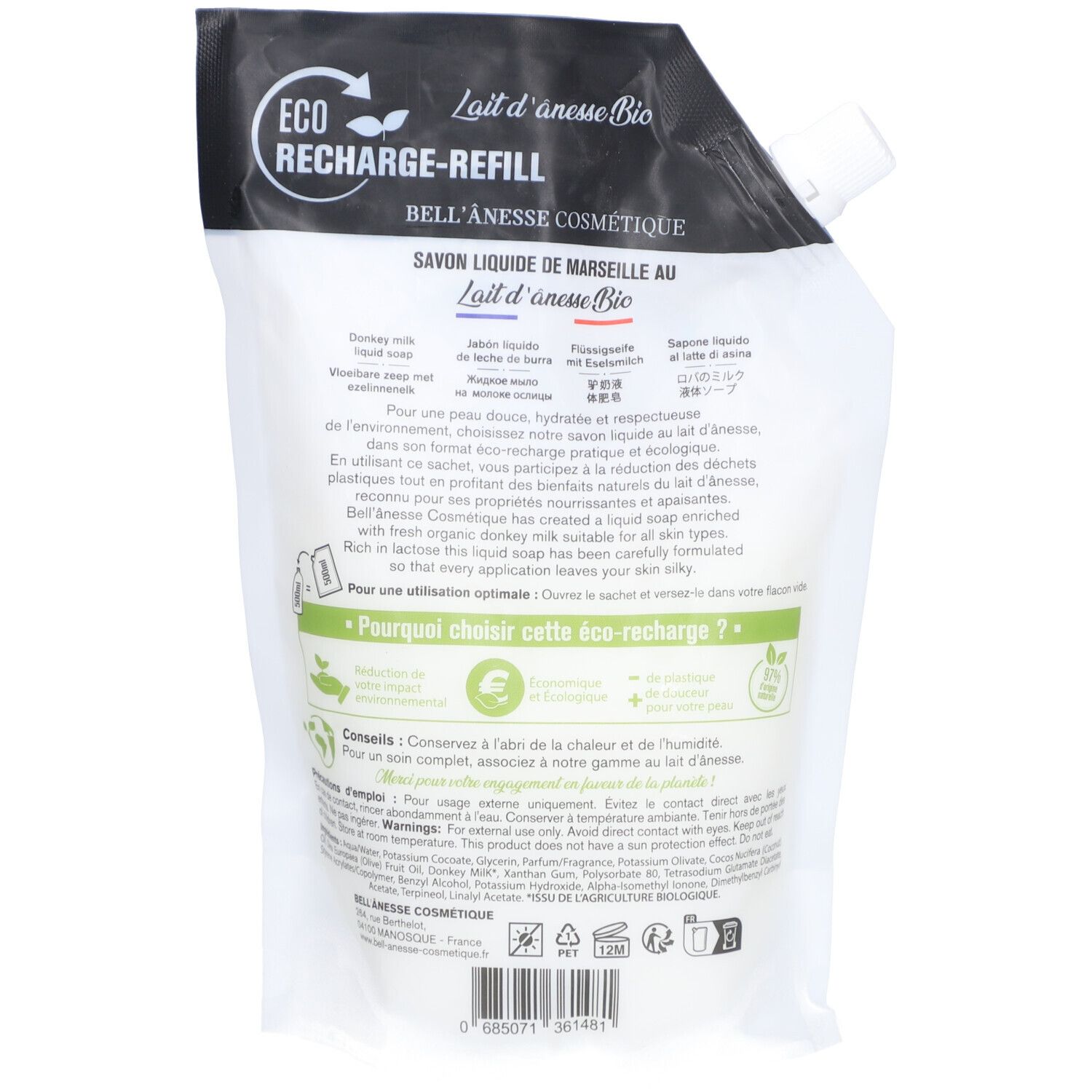 Rückseite der Nachfüllpackung. Text: Lait d'Ânesse Bio, Savon liquide de Marseille au lait d'ânesse bio. Informationen und Logos.