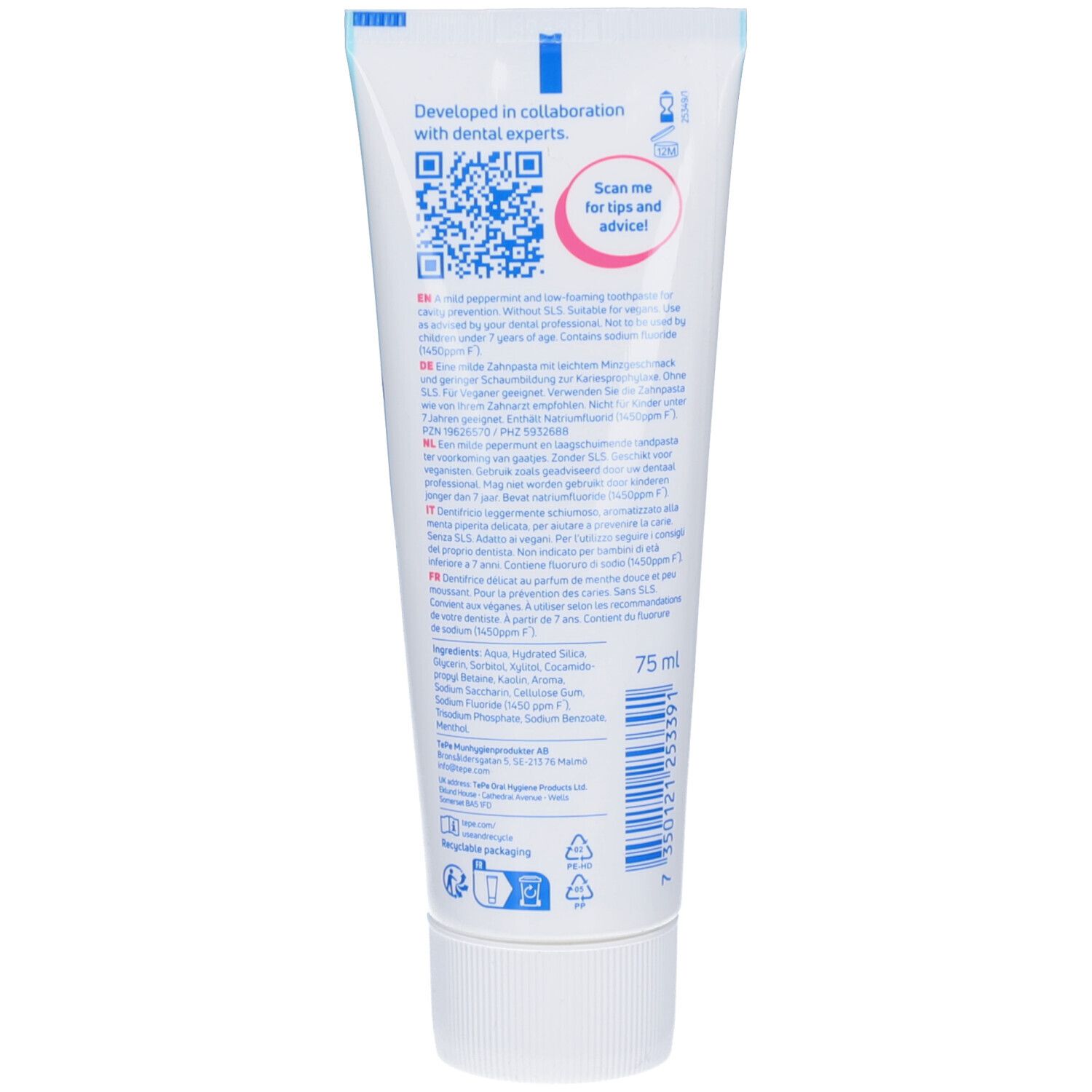Rückseite der Zahnpasta-Tube. Text: Developed in collaboration with dental experts. QR-Code. Scan me for tips and advice! Inhaltsstoffe. 75 ml.