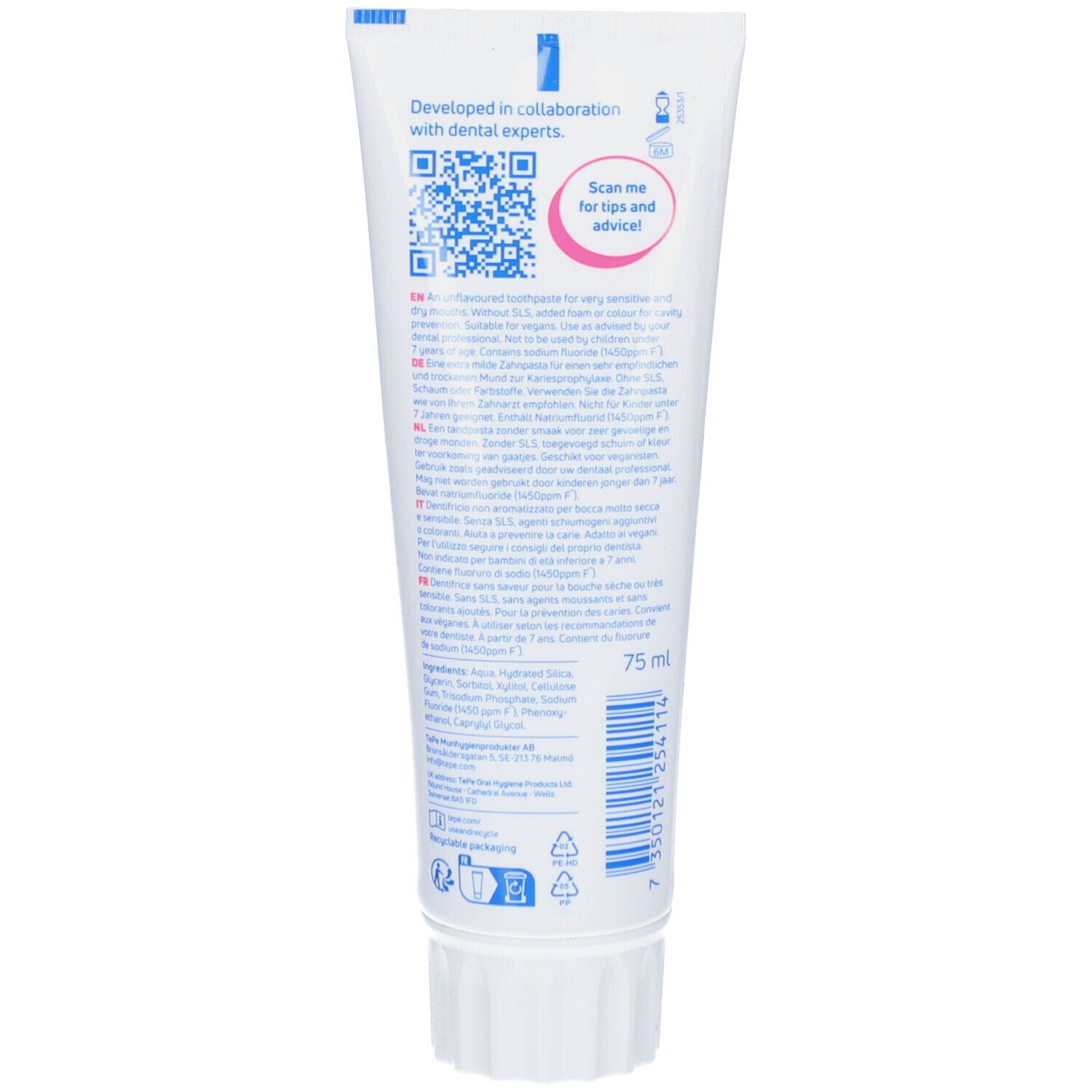 Rückseite der weißen Zahncreme-Tube. Text: Entwickelt in Zusammenarbeit mit Zahnexperten. QR-Code. 75 ml. Inhaltsstoffe.