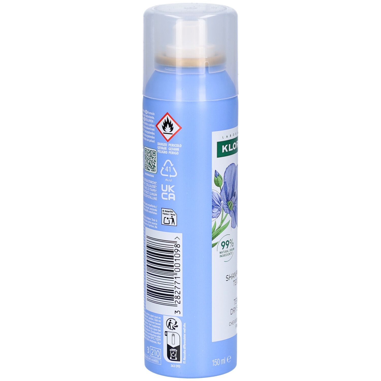 Rückseite des blauen Sprays. Aufdrucke: Warnsymbole, QR-Code, Recycling-Symbole, Barcode und Text.