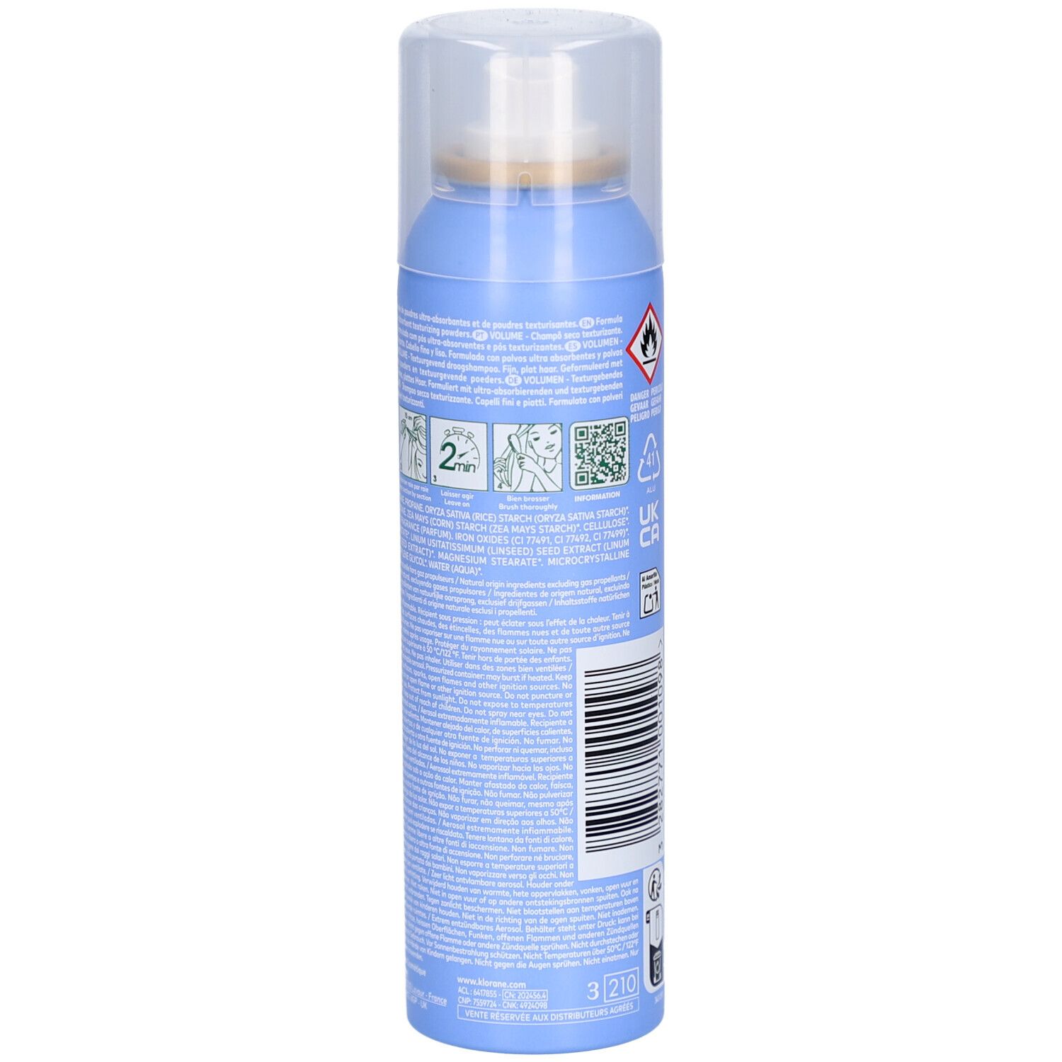 Rückseite des blauen Sprays. Aufdrucke: Anwendungshinweise, Warnsymbole, QR-Code, Barcode und Text.