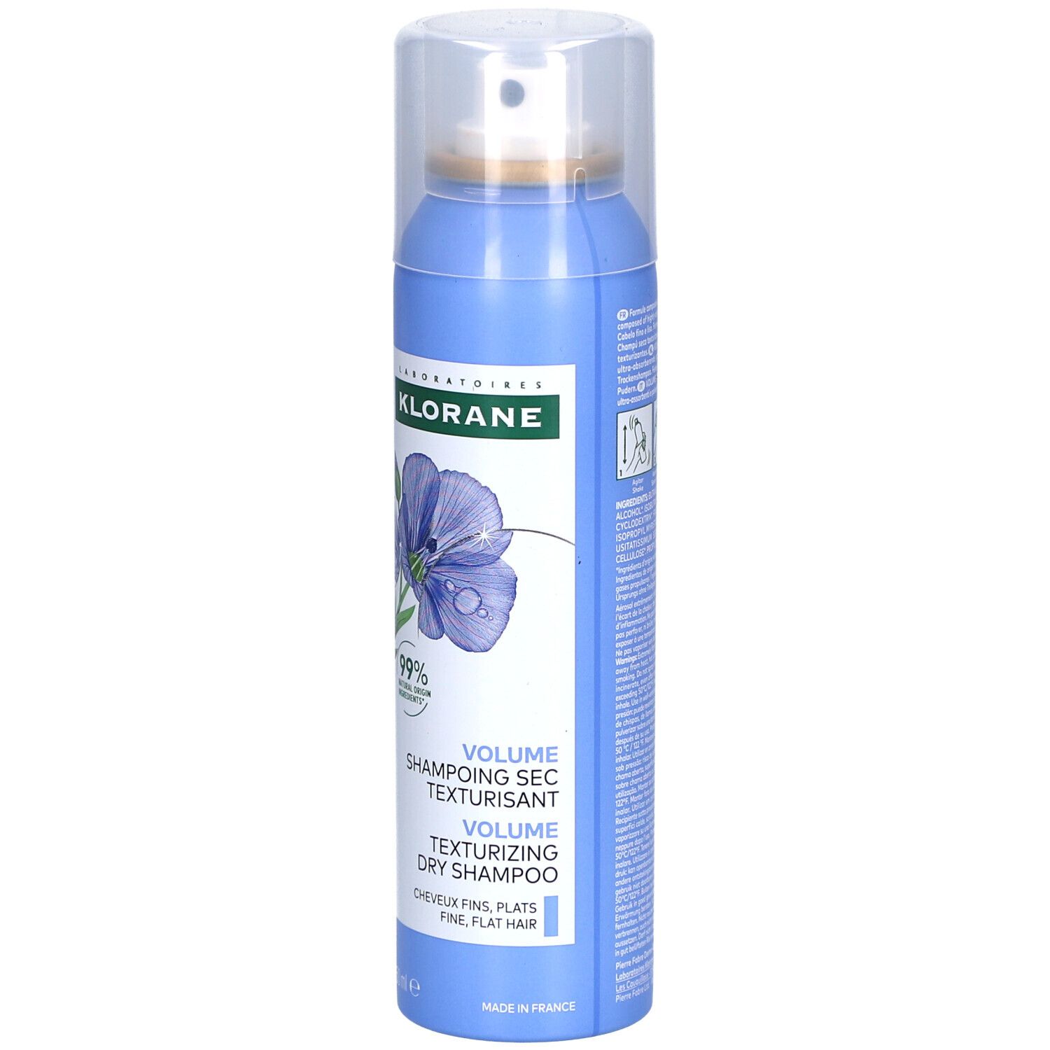 Blaues Spray mit weißem Deckel. Aufschrift: Klorane, Volume Shampoing Sec Texturisant, 99% natürliche Inhaltsstoffe.