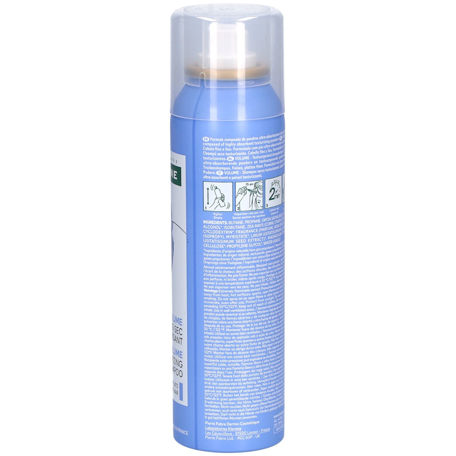 Rückseite des blauen Sprays. Aufdrucke: Anwendungshinweise, Warnsymbole, QR-Code, Barcode und Text.