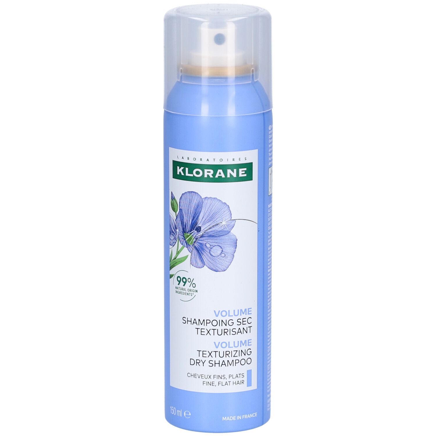 Blaues Spray mit weißem Deckel. Aufschrift: Klorane, Volume Shampoing Sec Texturisant, 99% natürliche Inhaltsstoffe.