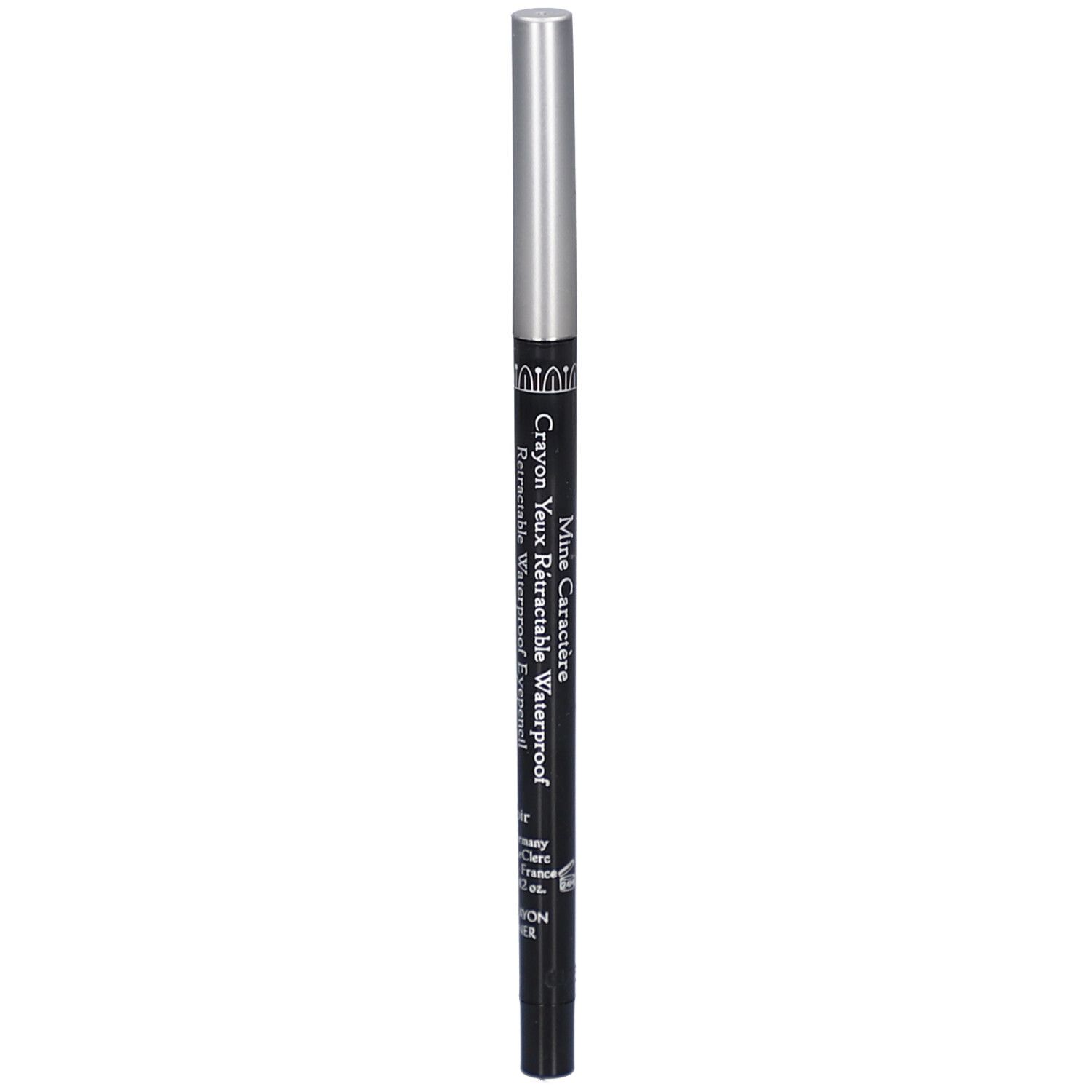 Schwarzer, ausziehbarer Eyeliner-Stift mit silberner Kappe. Aufschrift: Mine Caractère, Crayon Yeux.