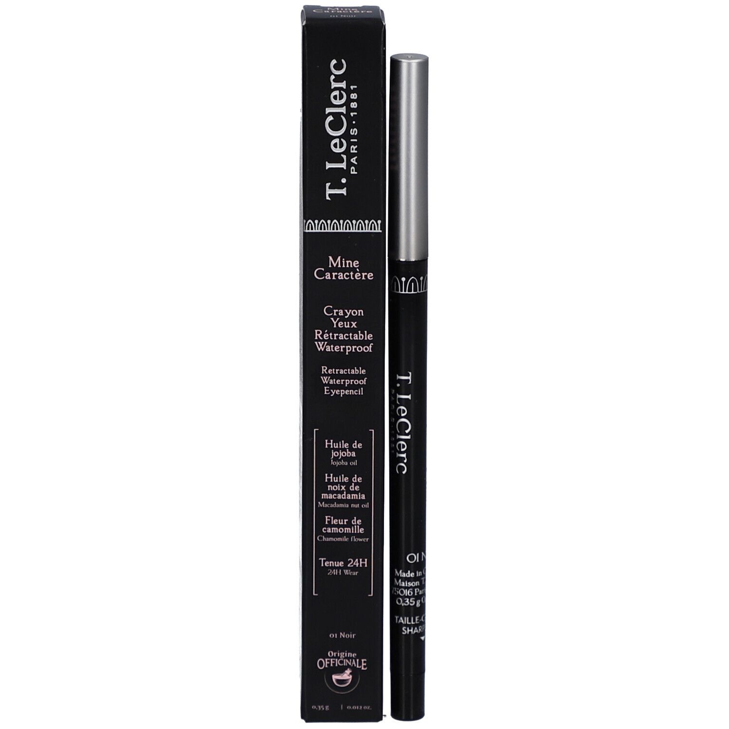 Schwarze Verpackung mit Eyeliner-Stift. Aufschrift: T. LeClerc, Mine Caractère, Crayon Yeux Rétractable Waterproof.