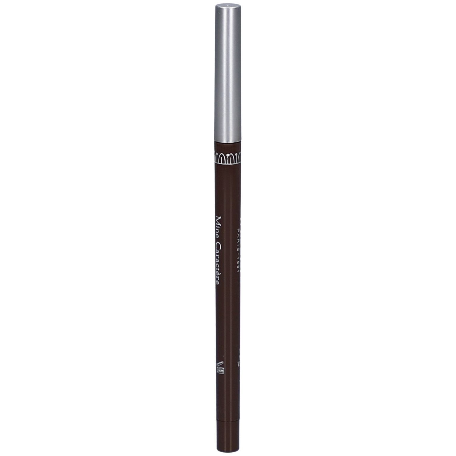 Brauner, ausziehbarer Augenstift mit silberner Kappe. Aufschrift: Mine Caractère, Waterproof.