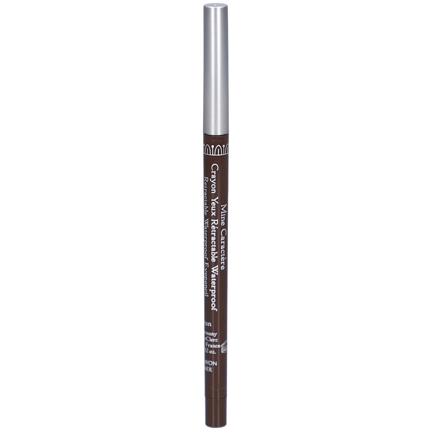 Brauner, ausziehbarer Augenstift mit silberner Kappe. Aufschrift: Mine Caractère, Waterproof.
