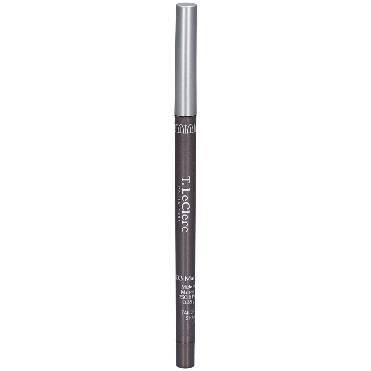 Augenstift, dunkelbraun, silberne Spitze. T.LeClerc Paris. 03 Marron Glacé. Retractable Waterproof Eyeliner.
