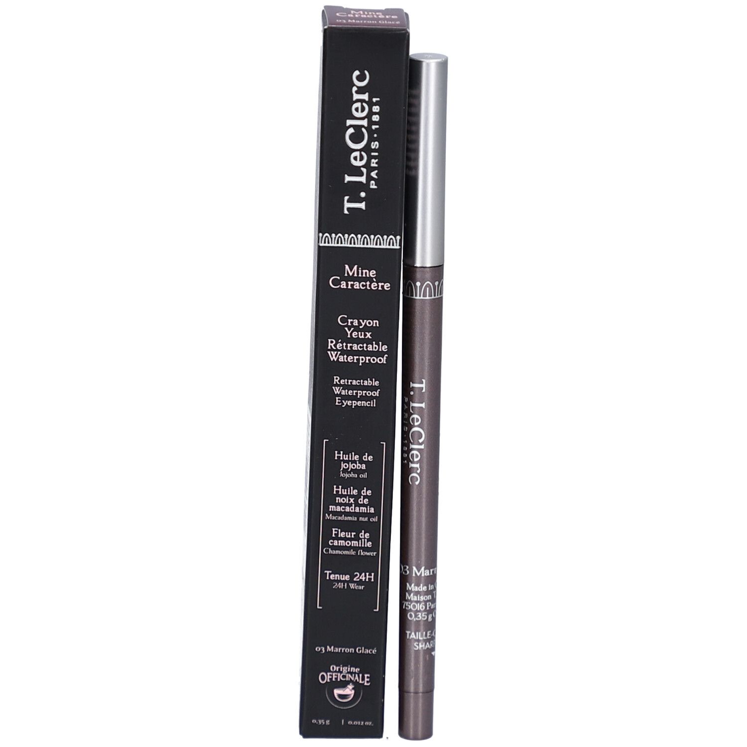 Schwarze Verpackung mit Augenstift. T.LeClerc Paris. Mine Caractère. Crayon Yeux Rétractable Waterproof. 03 Marron Glacé.