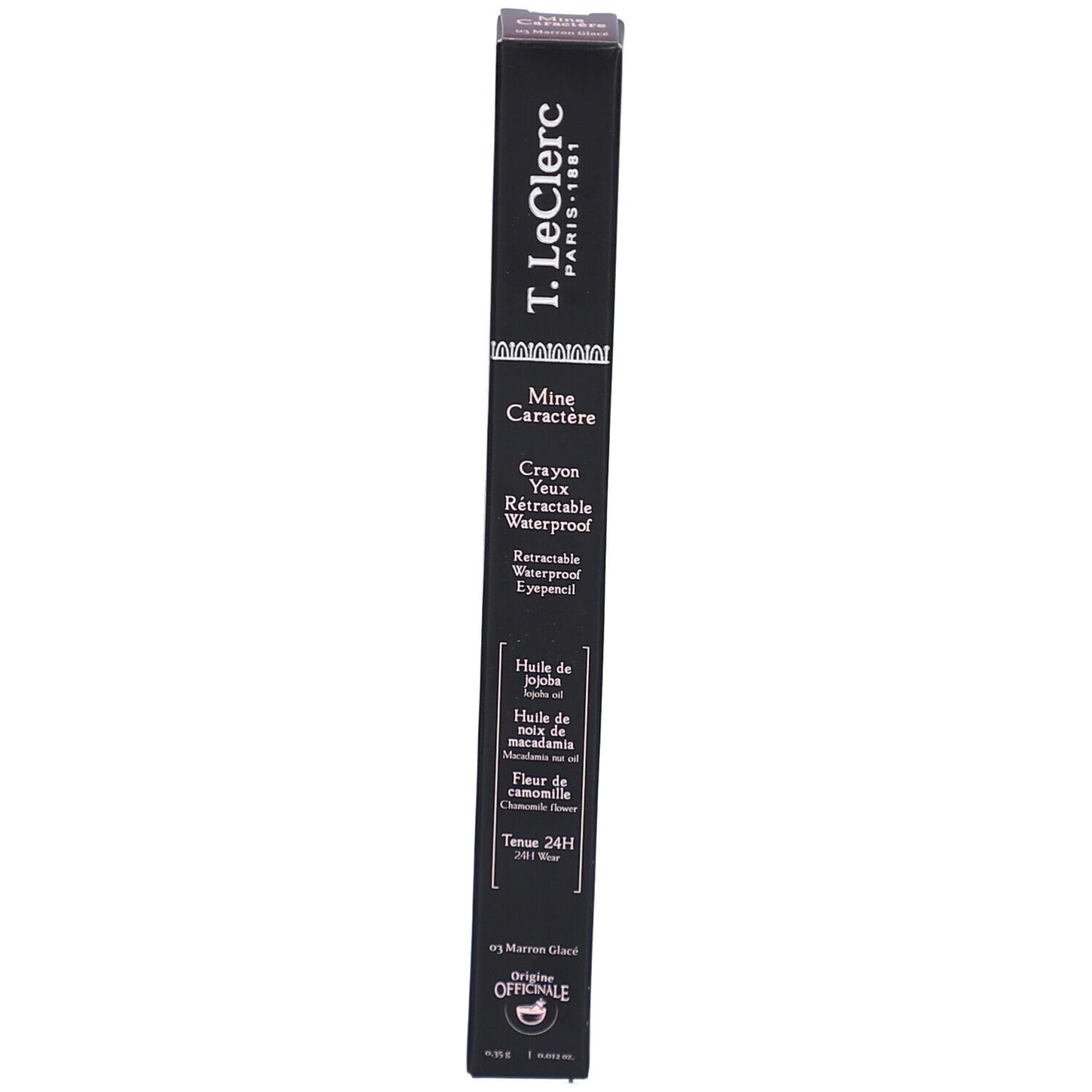 Schwarze Verpackung mit Produktinformationen. T.LeClerc Paris. Mine Caractère. Crayon Yeux Rétractable Waterproof.