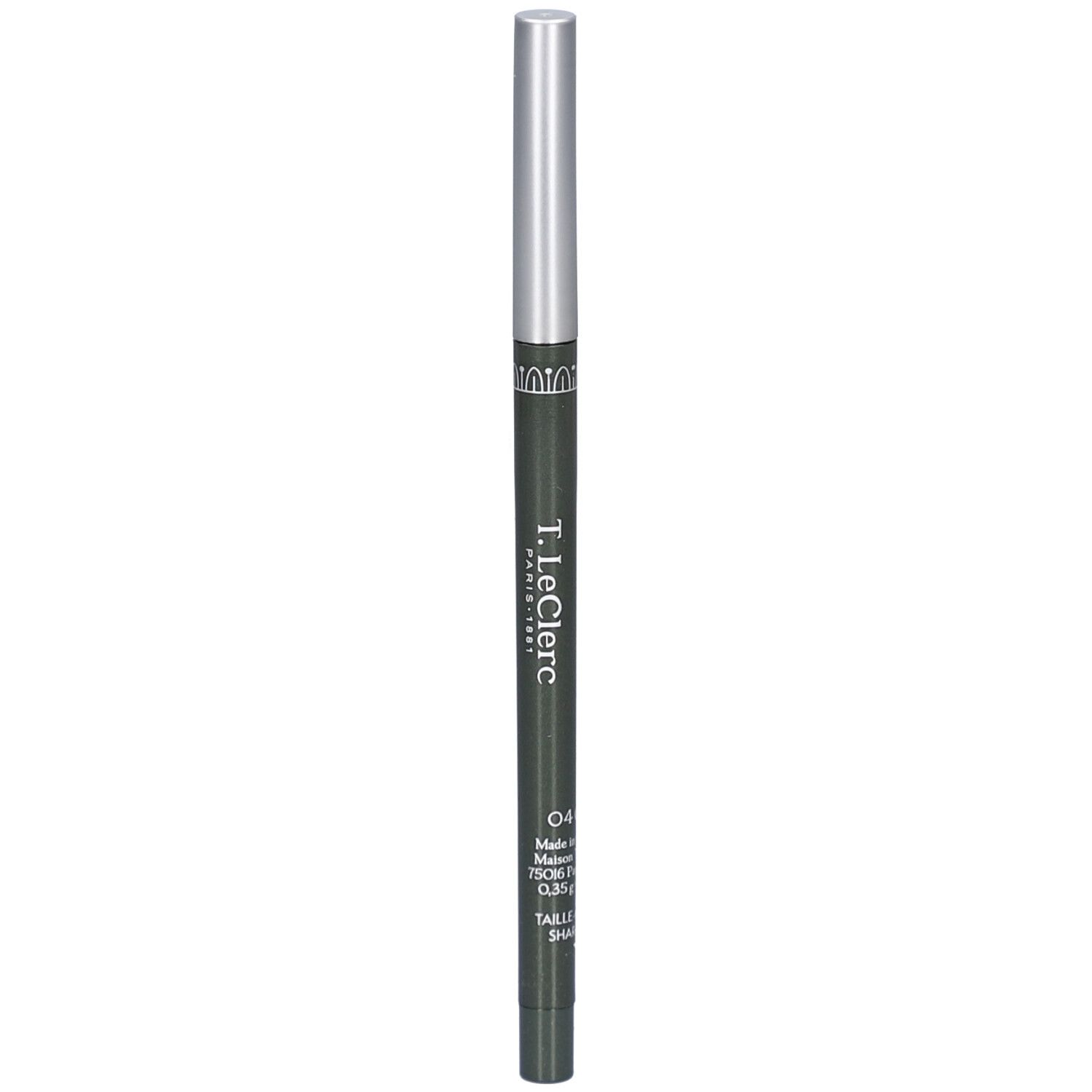 Dunkelgrüner, ausziehbarer Augenstift mit silberner Kappe. Aufschrift: T.LeClerc Paris 1881, 04 Olive.
