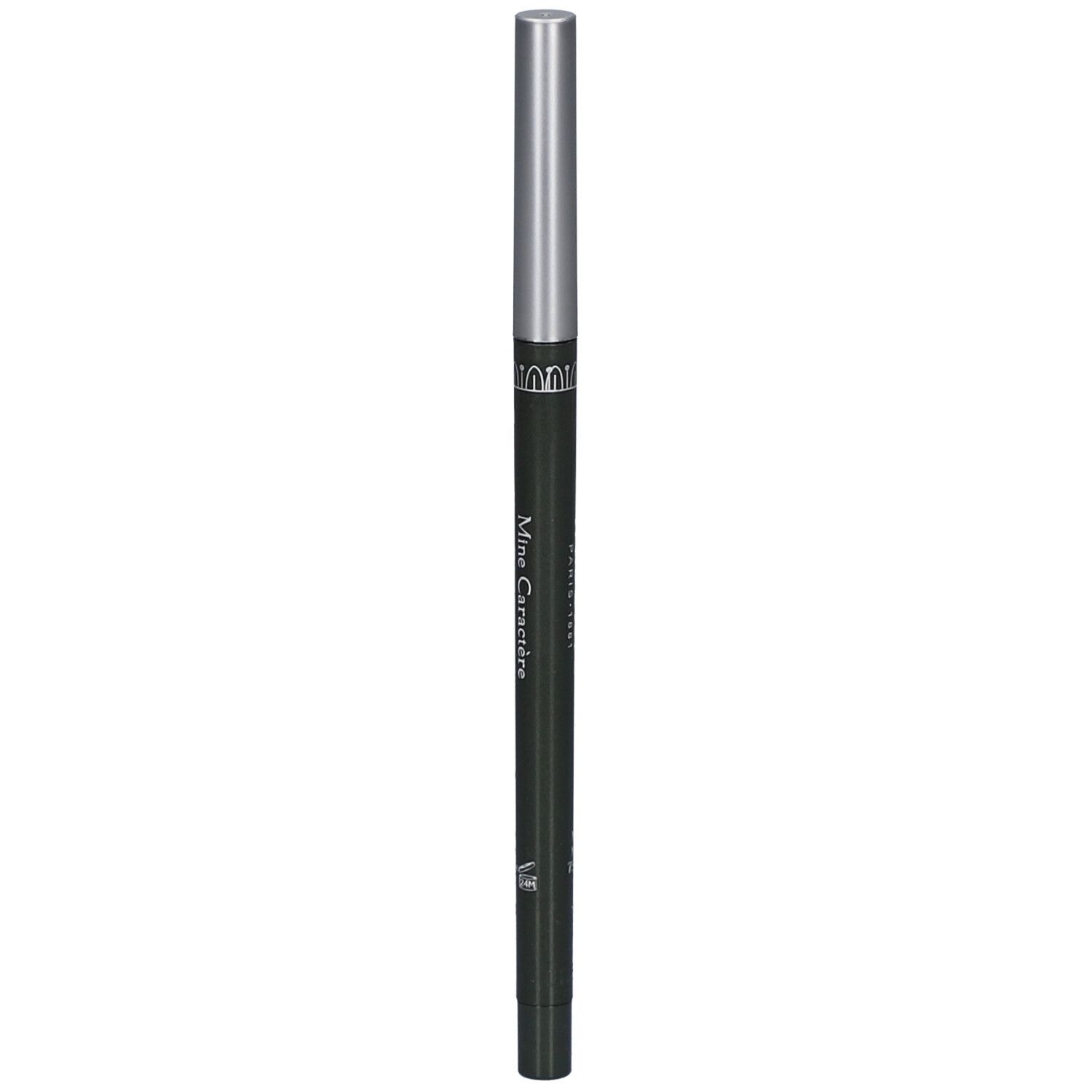 Dunkelgrüner, ausziehbarer Augenstift mit silberner Kappe. Aufschrift: Mine Caractère.